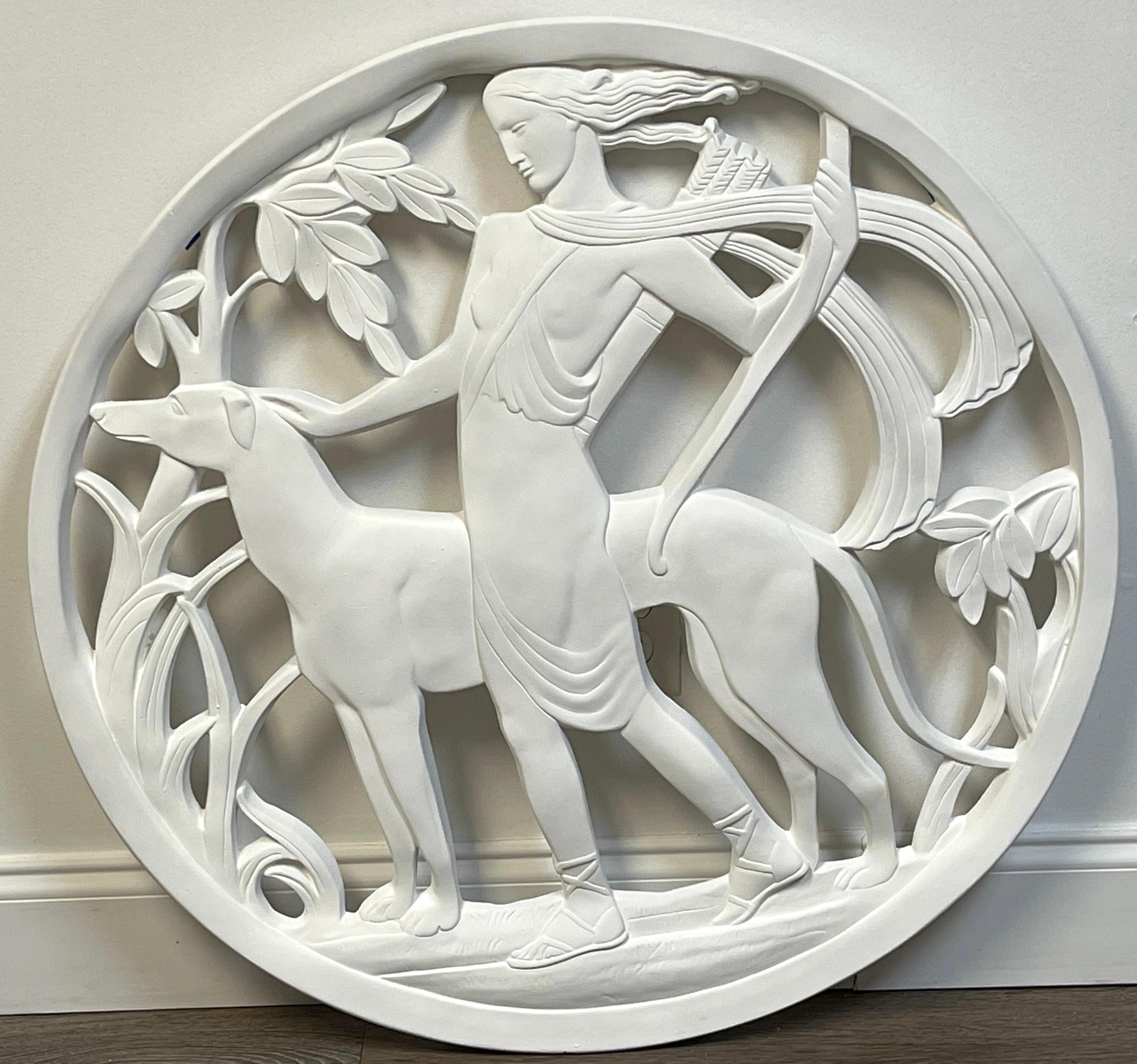 Art Deco Architectural Diana the Huntress Plaster Medallion / Plaque 
Attributed to the American G.R. Fixtures Co., of Grand Rapids Mi, (1915-1940)
A fine period example, the pierced terracotta wall sculpture with influences of American artist
