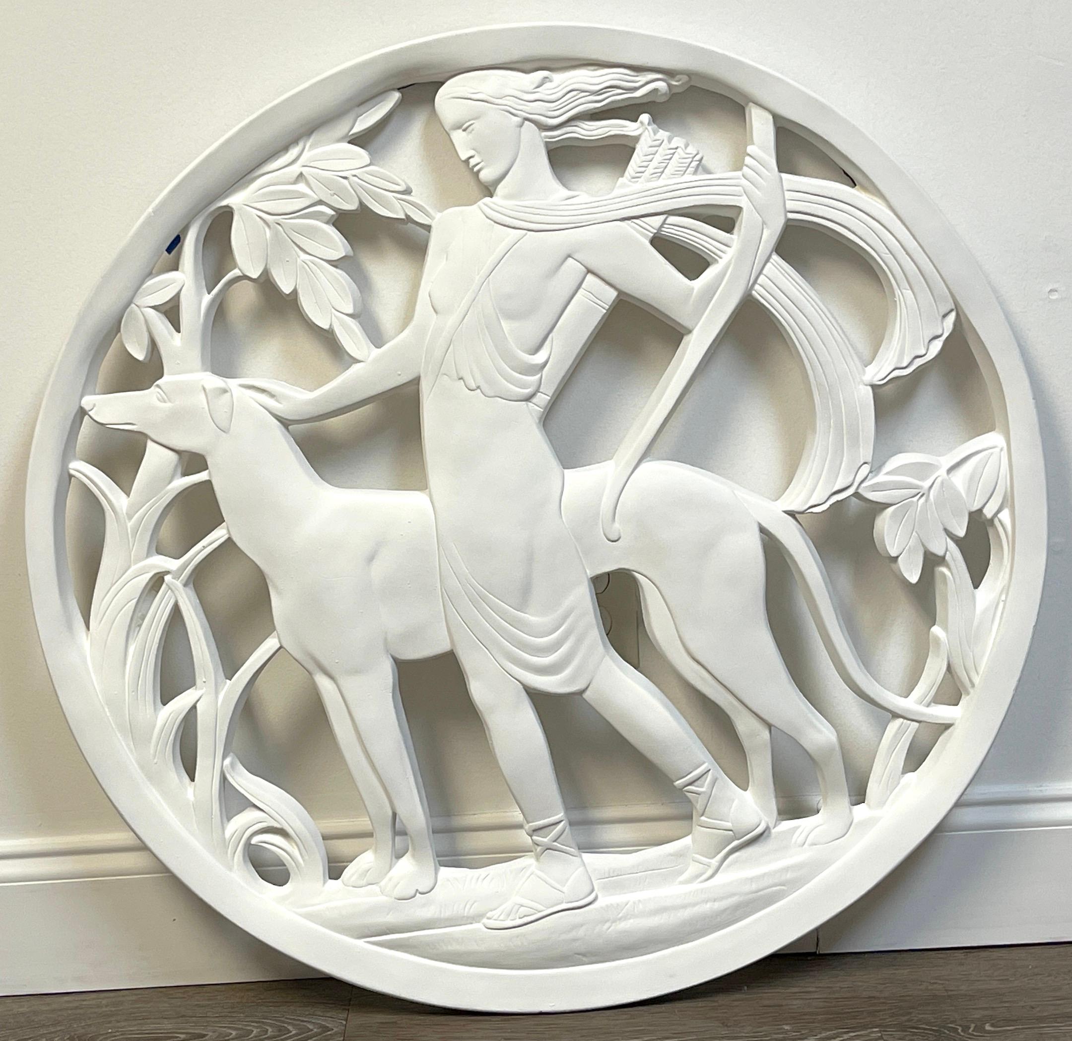 Painted Art Deco Architectural Diana the Huntress Plaster Medallion / Plaque For Sale