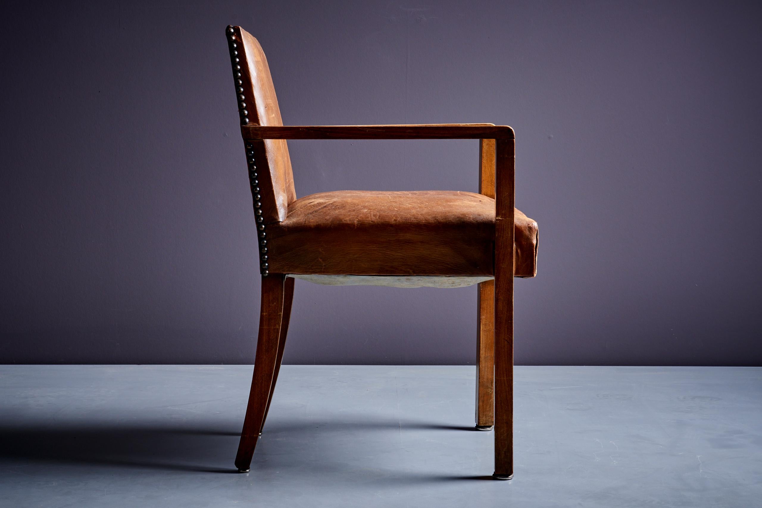 Mid-20th Century Art Deco Arm Chair attributed to Francis Jourdain 1940s brown leather For Sale