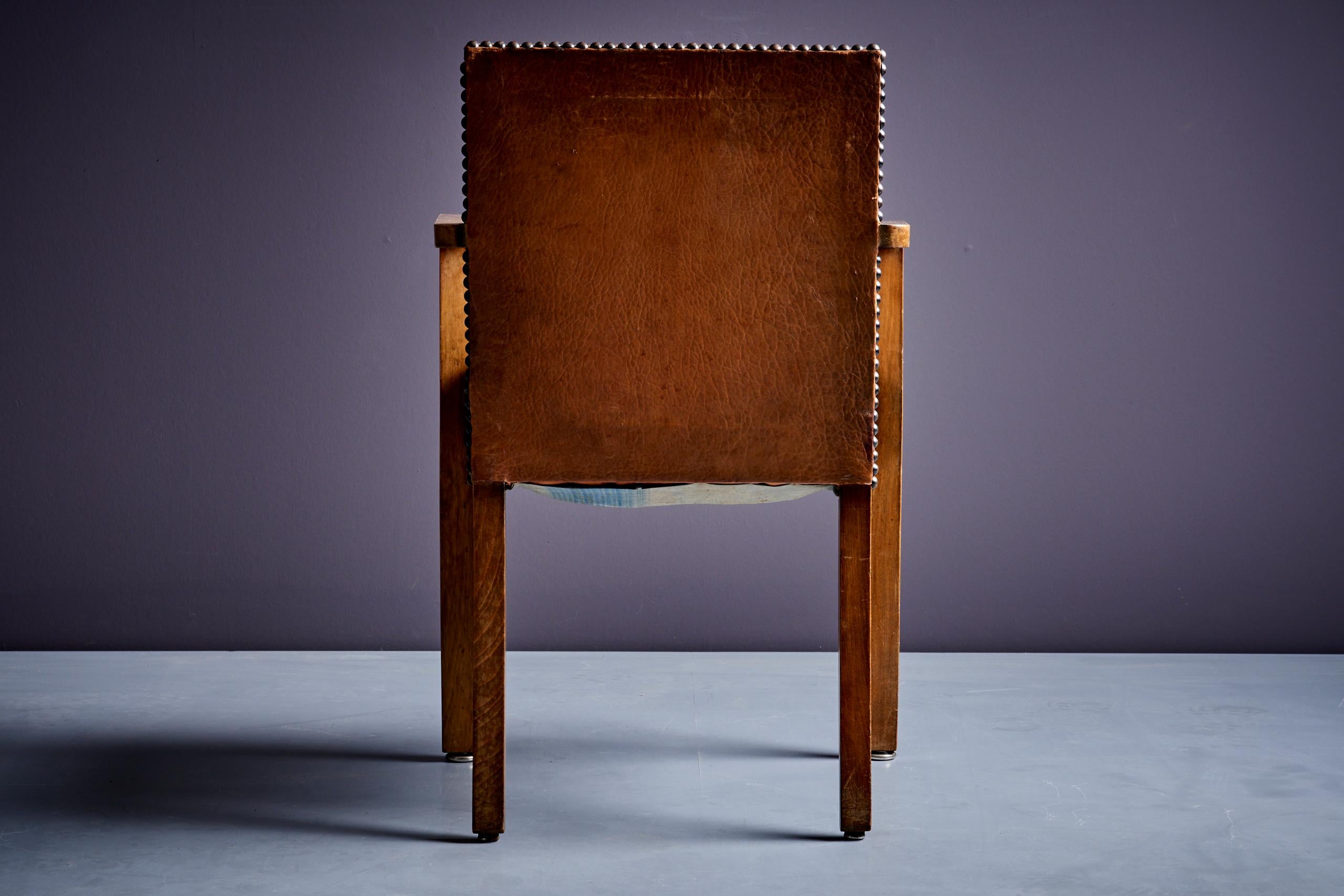 Faux Leather Art Deco Arm Chair attributed to Francis Jourdain 1940s brown leather For Sale