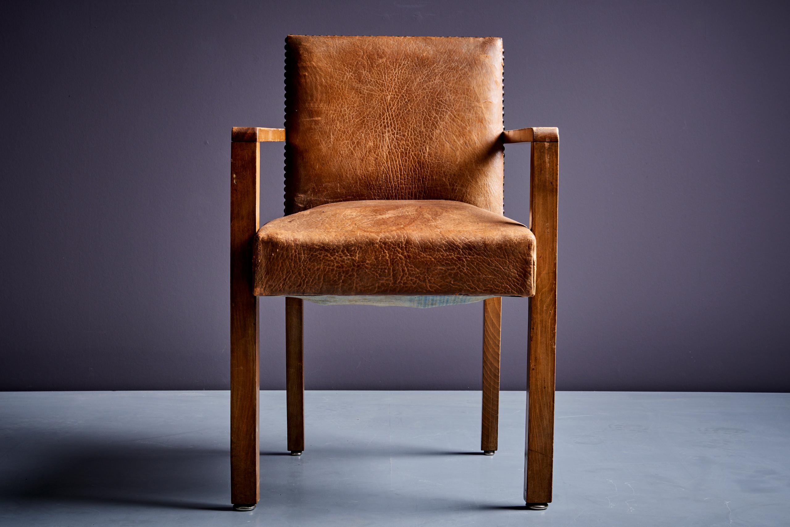Art Deco Arm Chair attributed to Francis Jourdain 1940s brown leather For Sale 3
