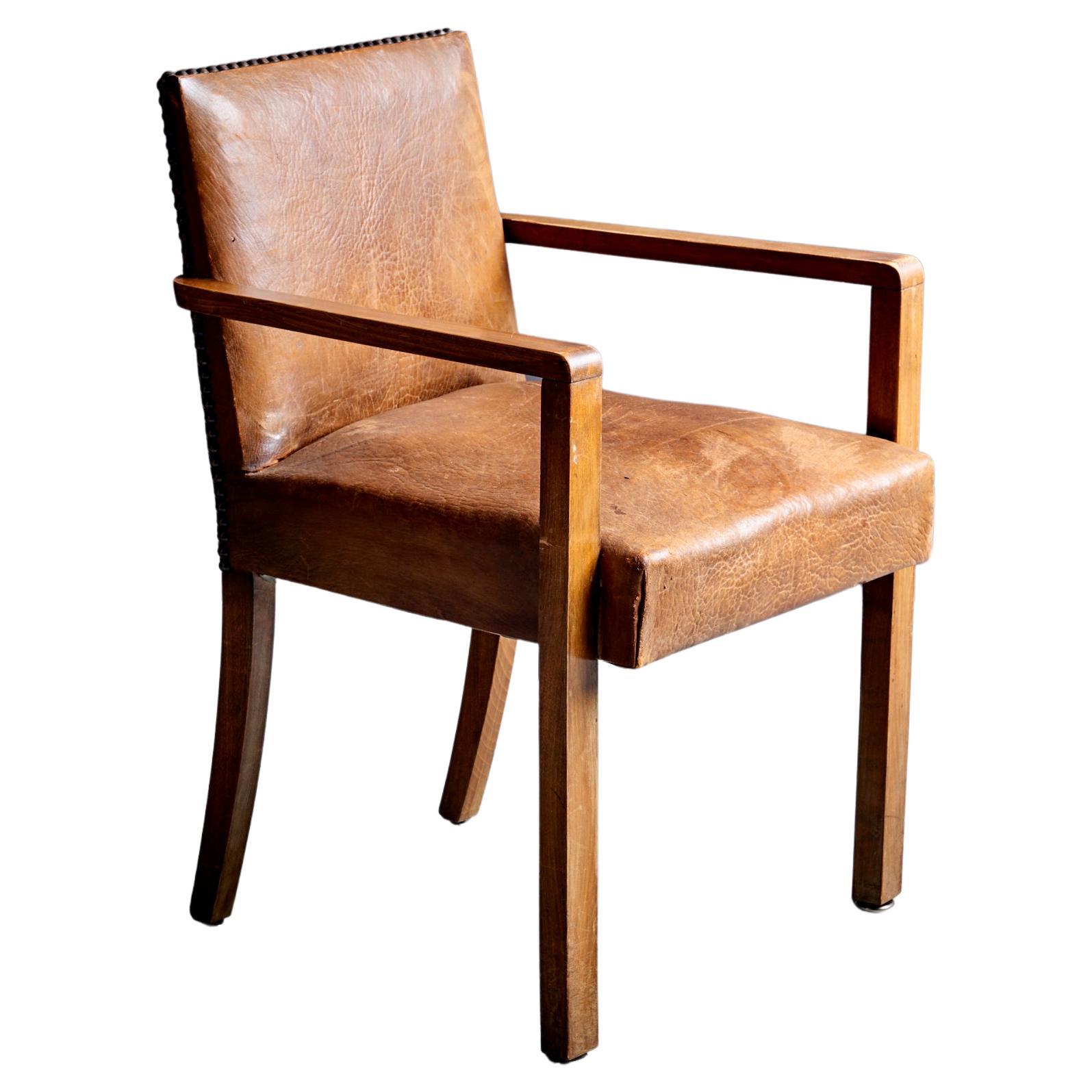 Art Deco Arm Chair attributed to Francis Jourdain 1940s brown leather For Sale