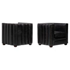 Art Deco Arm Chairs in Black Leather