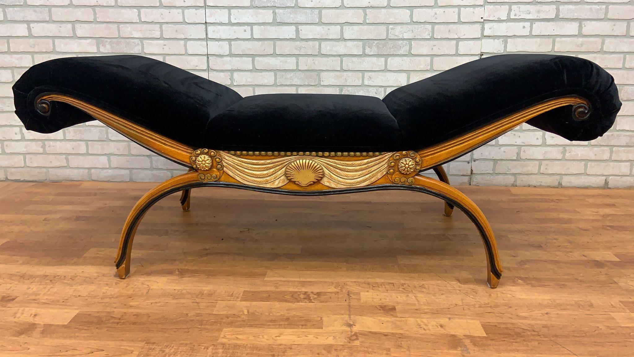 Art Deco Armand-Albert Rateau Style Rolled Arm Bench Newly Upholstered in Black Velvet

Gorgeous Neoclassical carved bow legged bench with elegantly arched rolled arms. Newly upholstered in a a beautiful, plush Italian velvet. This bench is finely