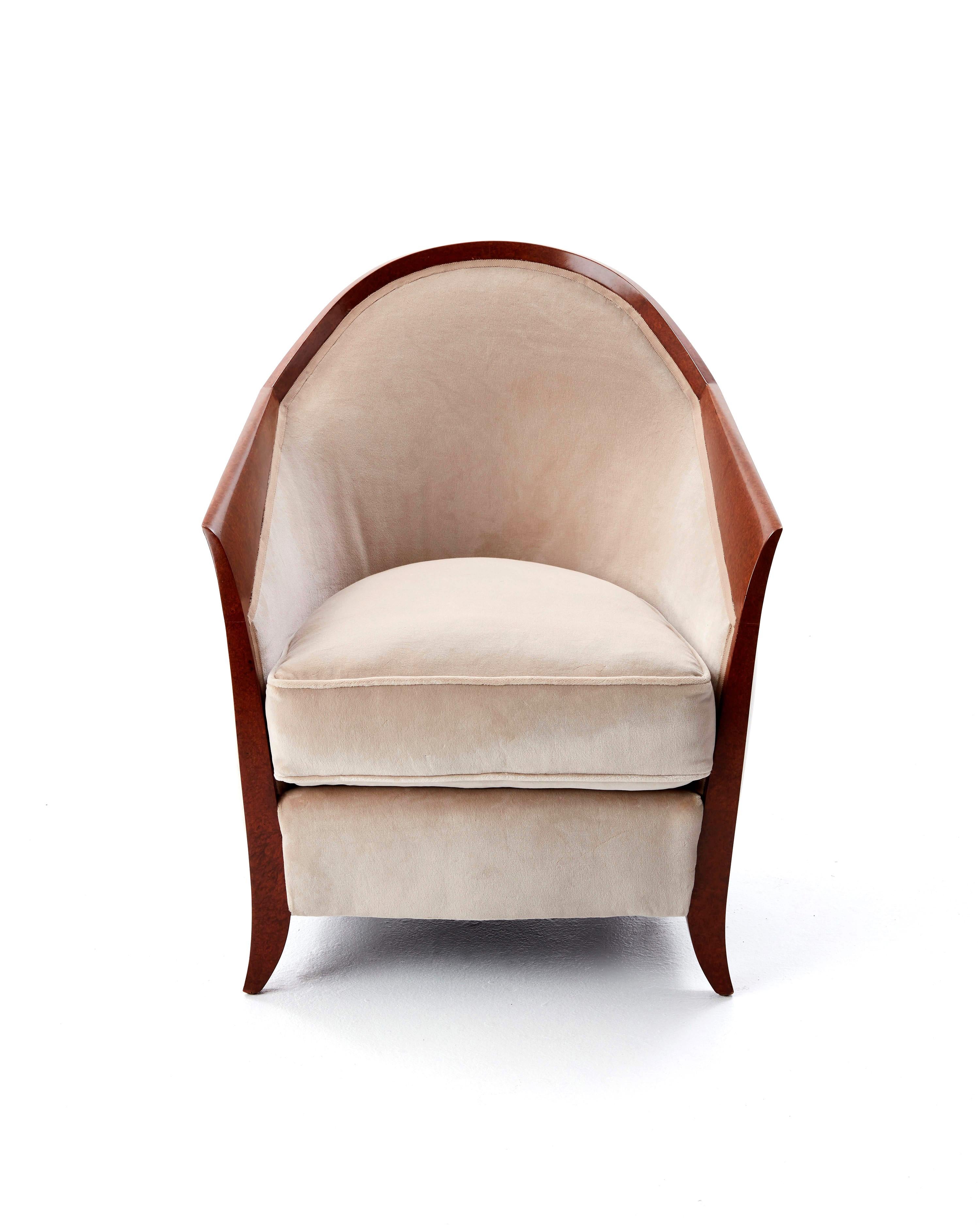 Art Deco Armchair and Footstool in Walnut Veneer, Attributed to Dominique, 1930s (Art déco) im Angebot