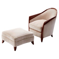 Art Deco Armchair and Footstool in Walnut Veneer, Attributed to Dominique, 1930s