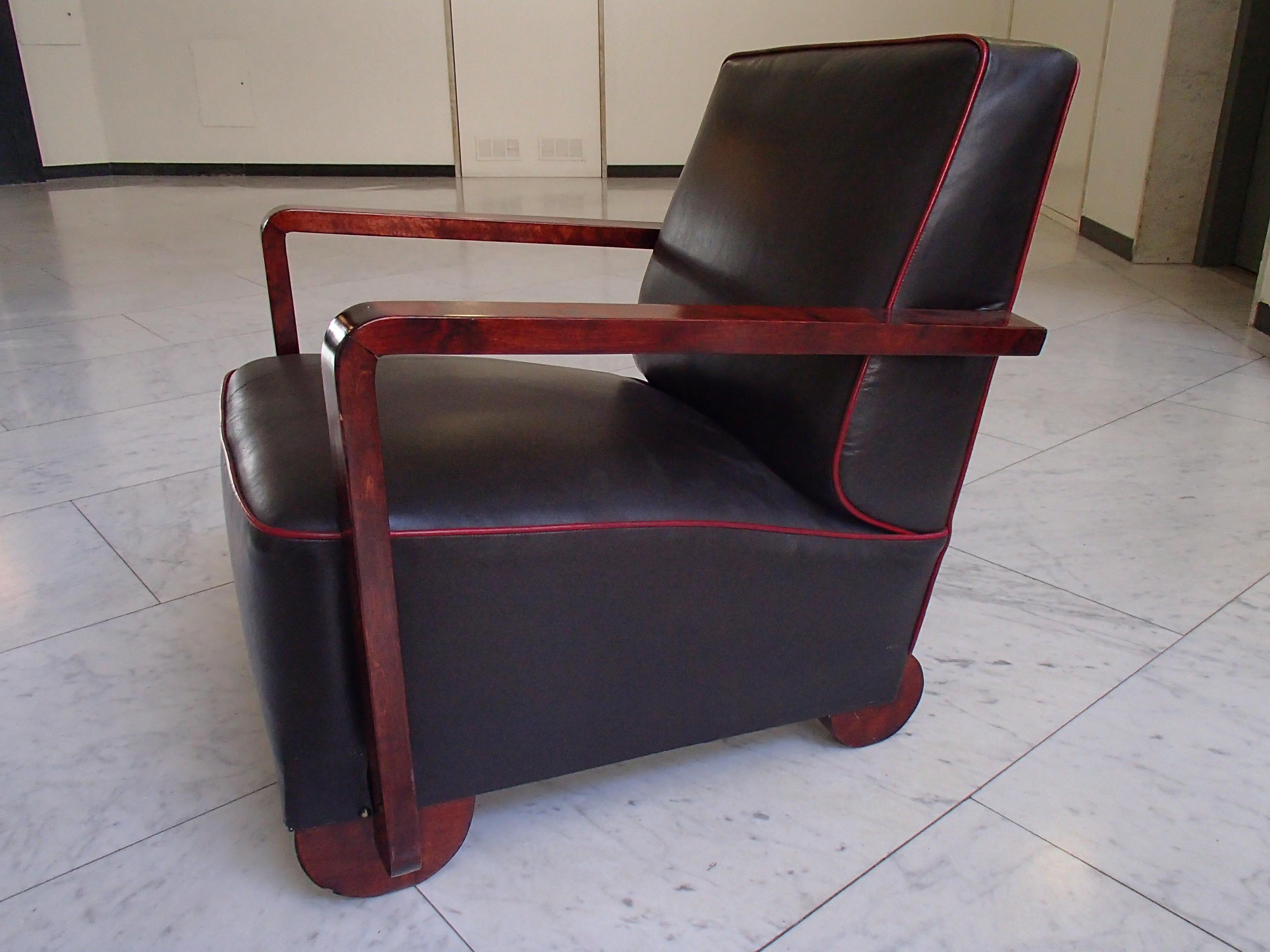 French Art Deco Armchair Blackbrown Leather with Red Tinted Birch