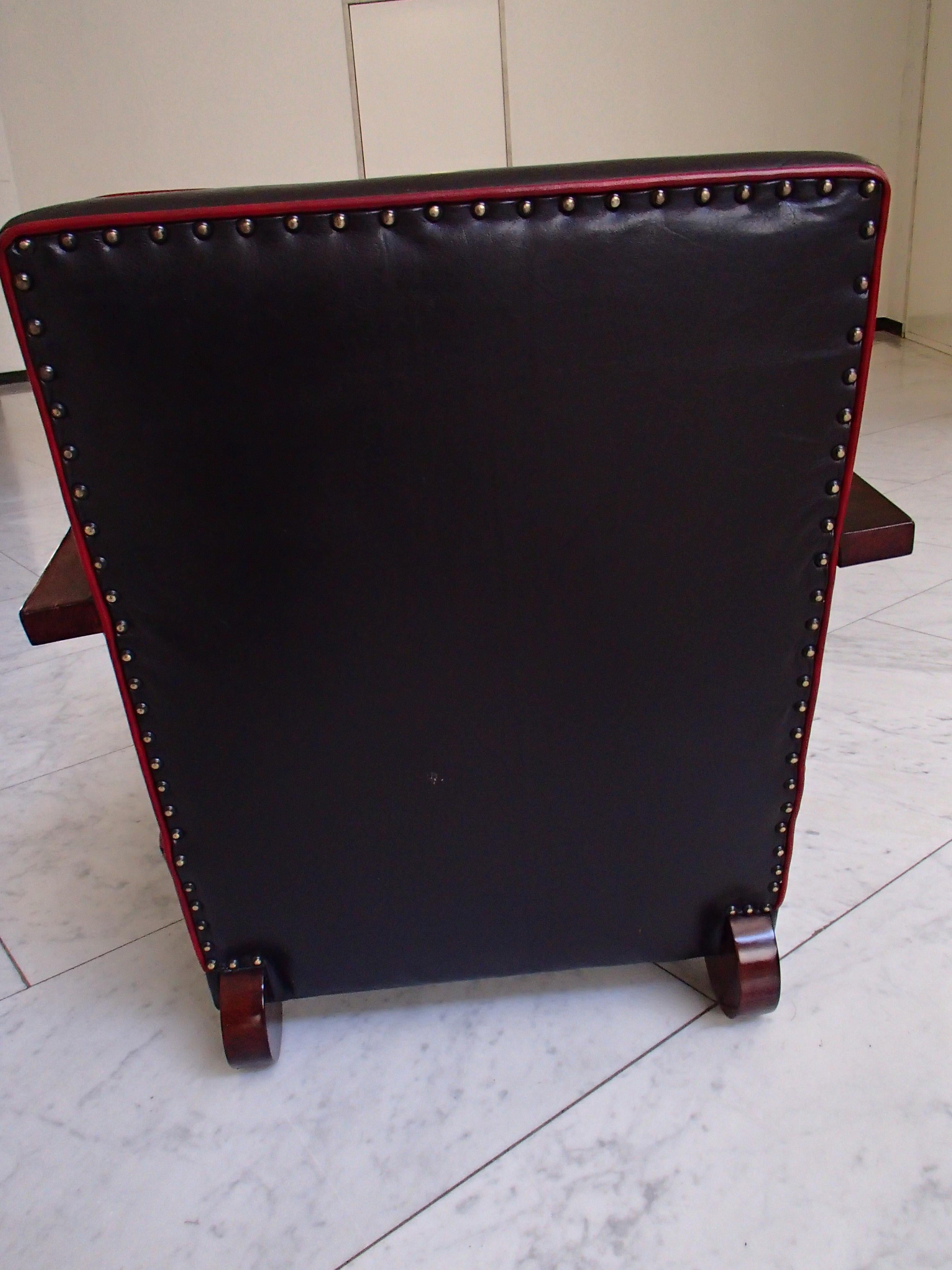 Art Deco Armchair Blackbrown Leather with Red Tinted Birch In Good Condition In Weiningen, CH