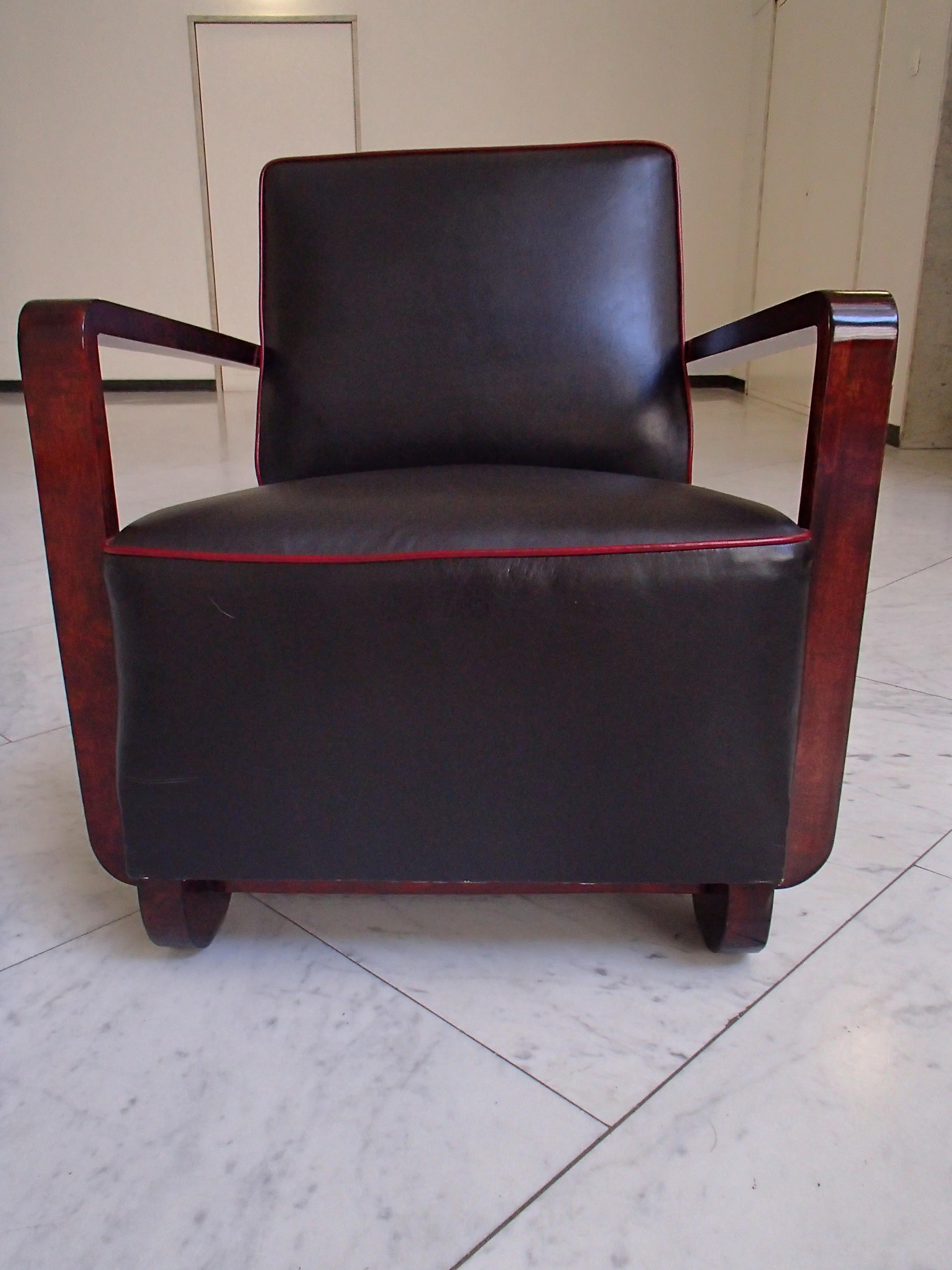 Art Deco Armchair Blackbrown Leather with Red Tinted Birch 1