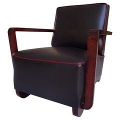 Art Deco Armchair Blackbrown Leather with Red Tinted Birch