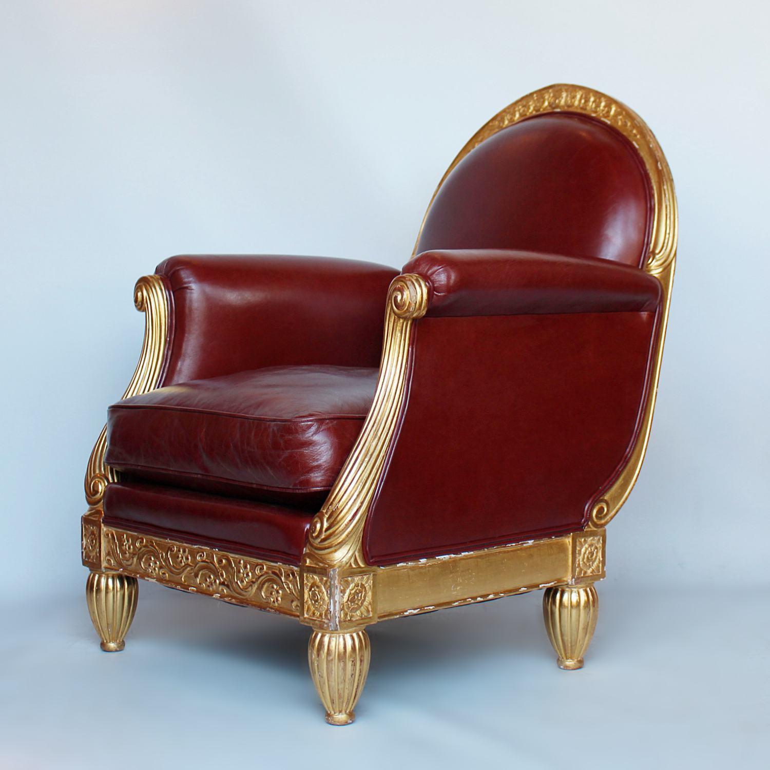 An Art Deco armchair, with carved gilt frame. Upholstered in English chestnut leather. Attributed to Paul Follot. 

Dimensions: H 95cm, W 70.5cm, D 70cm, seat H 45cm, seat D 53cm.

Origin: French

Date: circa 1925.

  