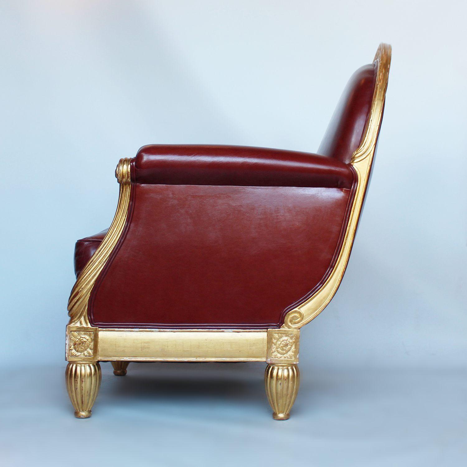 French Art Deco Armchair Carved Gilt Frame Upholstered Chestnut Leather Paul Follot