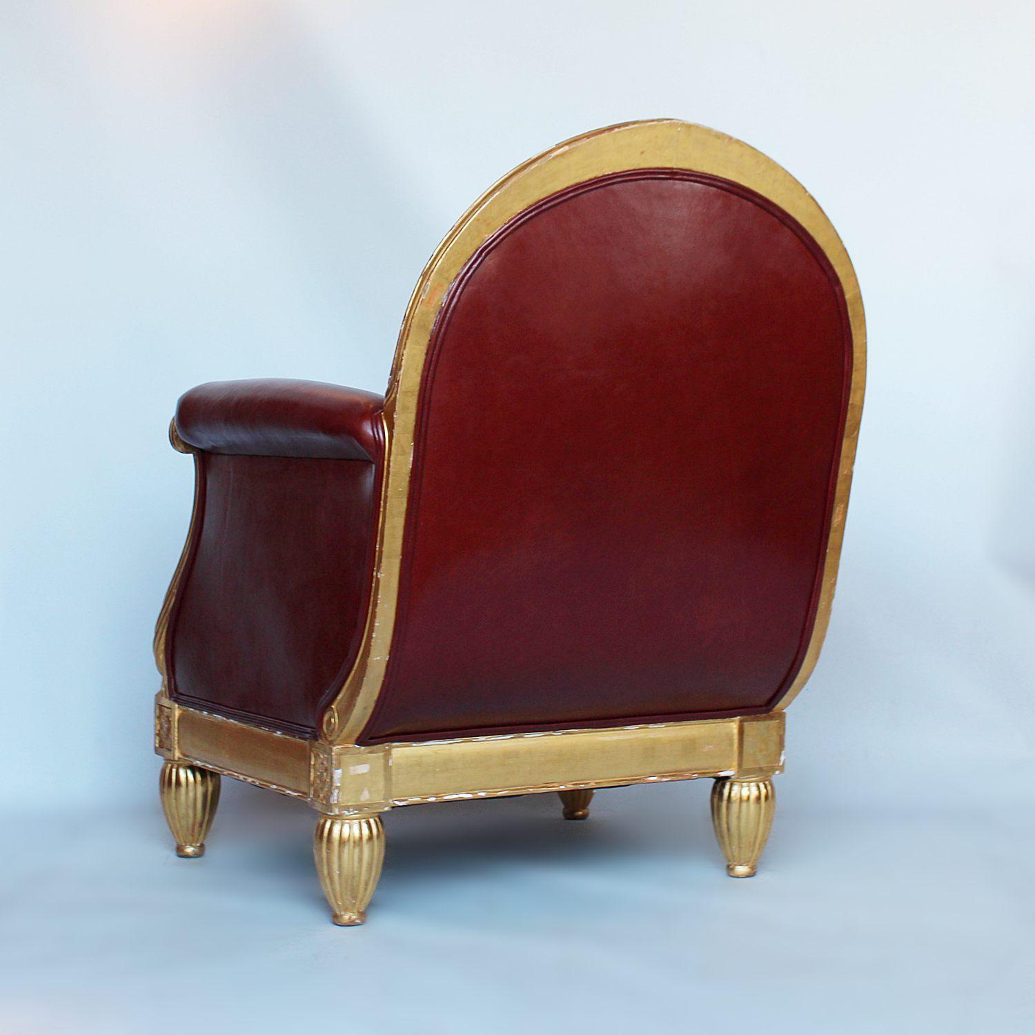 Art Deco Armchair Carved Gilt Frame Upholstered Chestnut Leather Paul Follot In Good Condition In Forest Row, East Sussex
