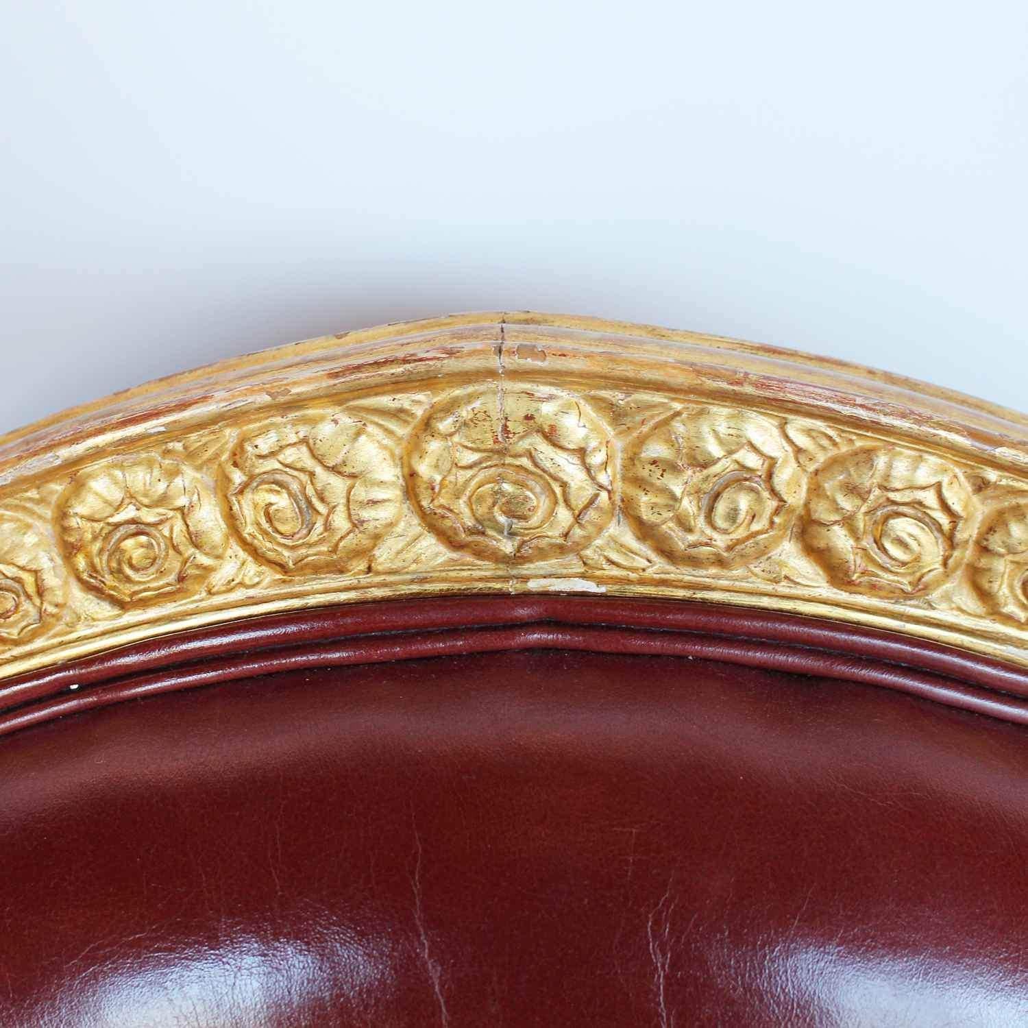 Art Deco Armchair Carved Gilt Frame Upholstered Chestnut Leather Paul Follot 1