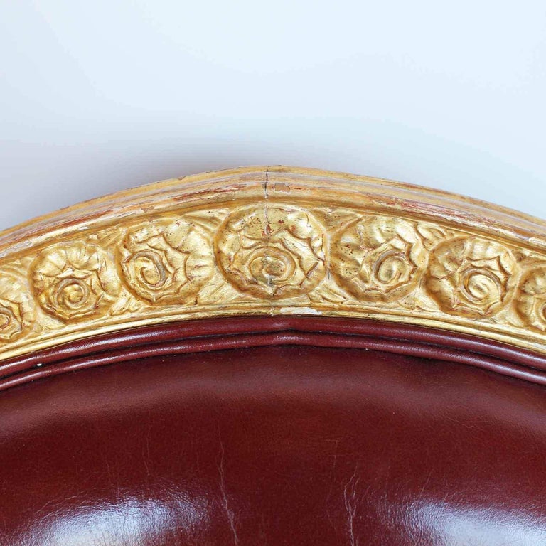 Art Deco Armchair Carved Gilt Frame Upholstered Chestnut Leather Paul Follot For Sale 1