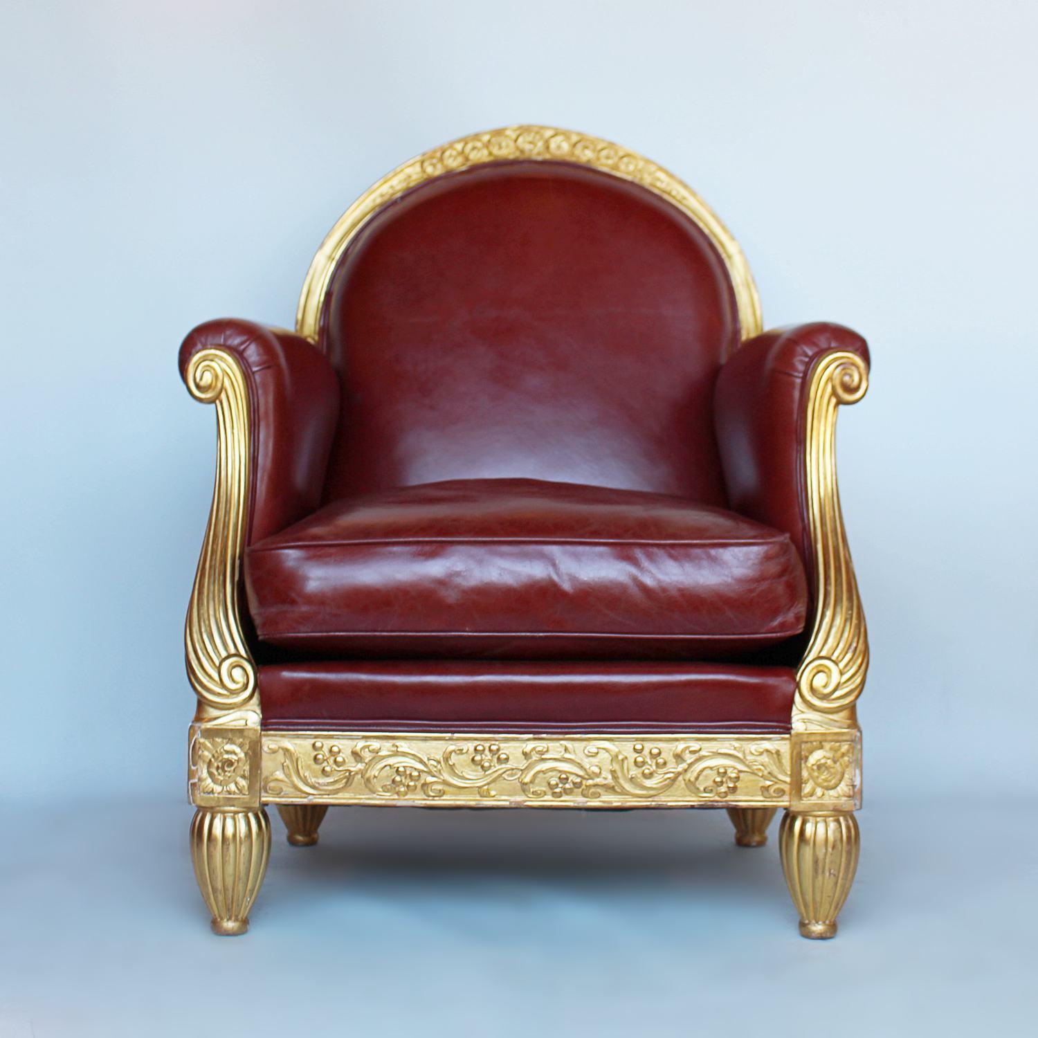 Art Deco Armchair Carved Gilt Frame Upholstered Chestnut Leather Paul Follot 2