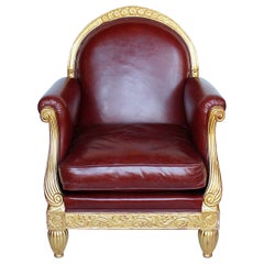 Art Deco Armchair Carved Gilt Frame Upholstered Chestnut Leather Paul Follot