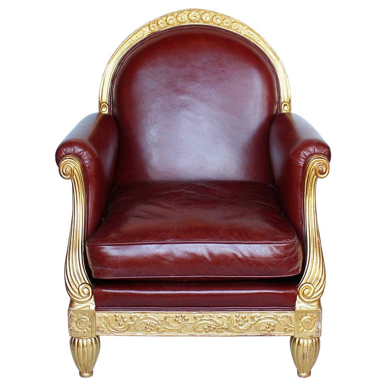Art Deco Armchair Carved Gilt Frame Upholstered Chestnut Leather Paul Follot For Sale
