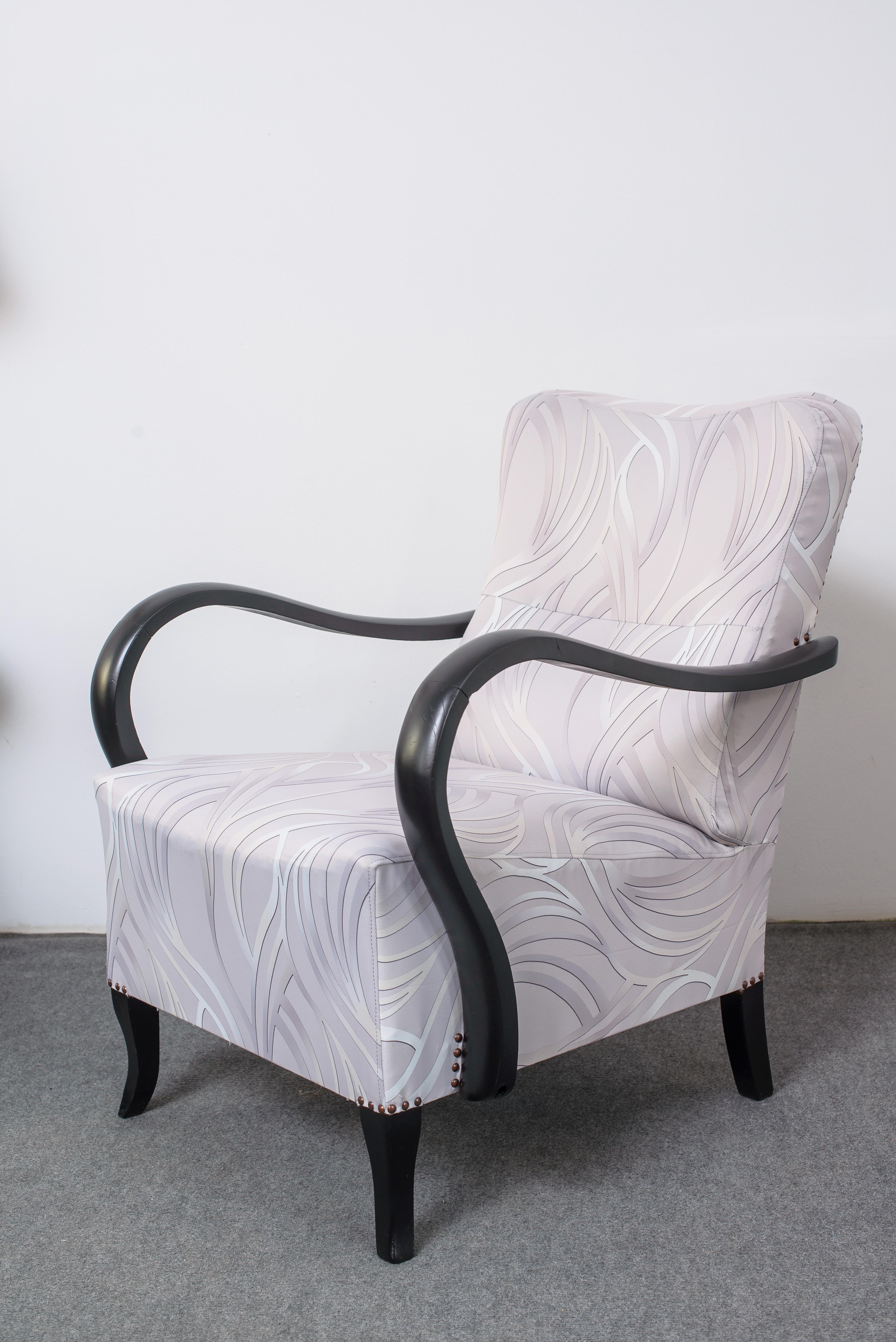Art Deco armchair, circa 1920s.
Restored and re-upholstered.
Lacquered, hand colored.
They are period 1920s-1930s art deco chairs, they are not reproduction or 'in the style of', these are the real thing!