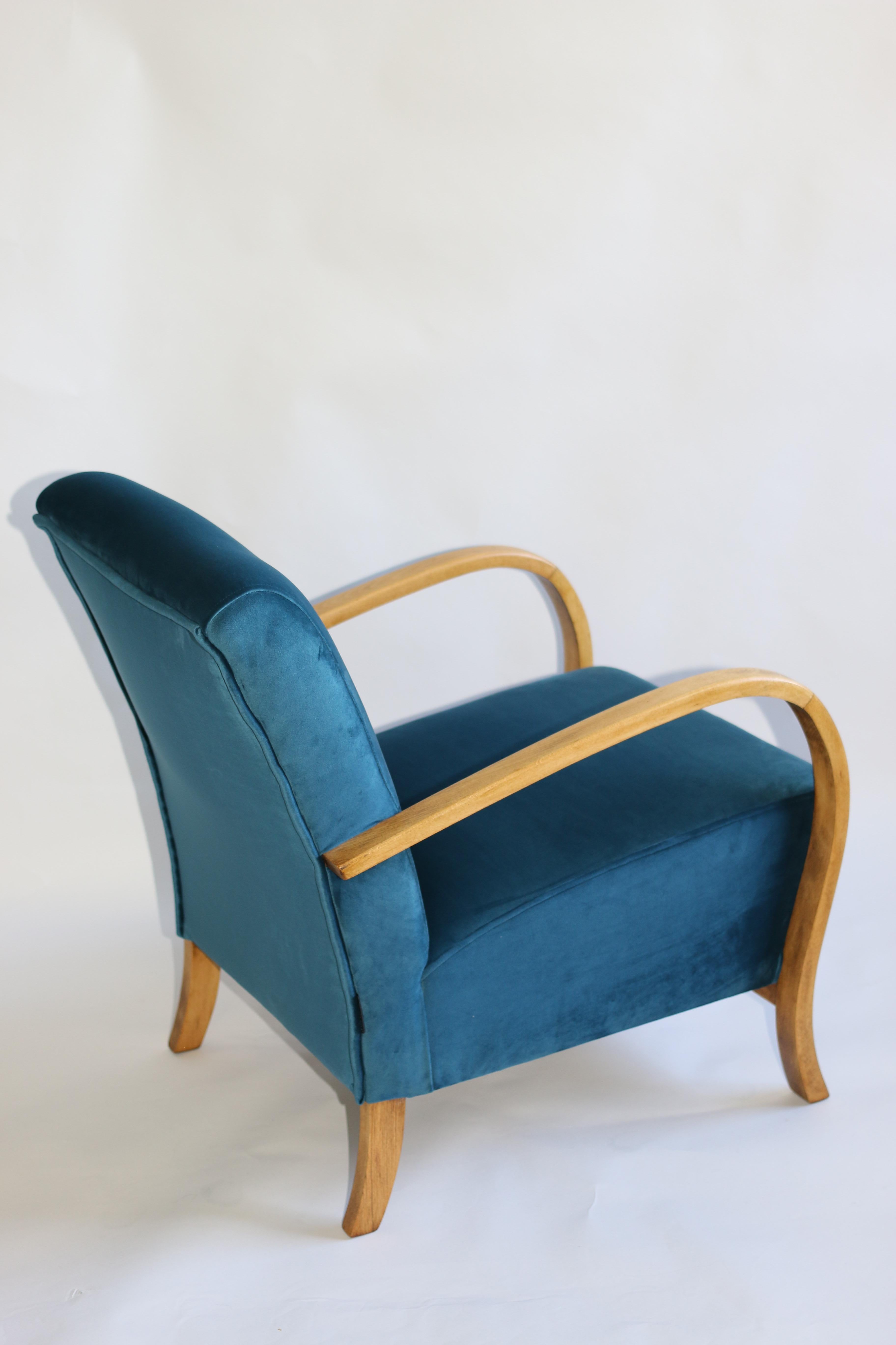 Woodwork Art Deco Armchair in Blue Marine Velvet from 20th Century For Sale