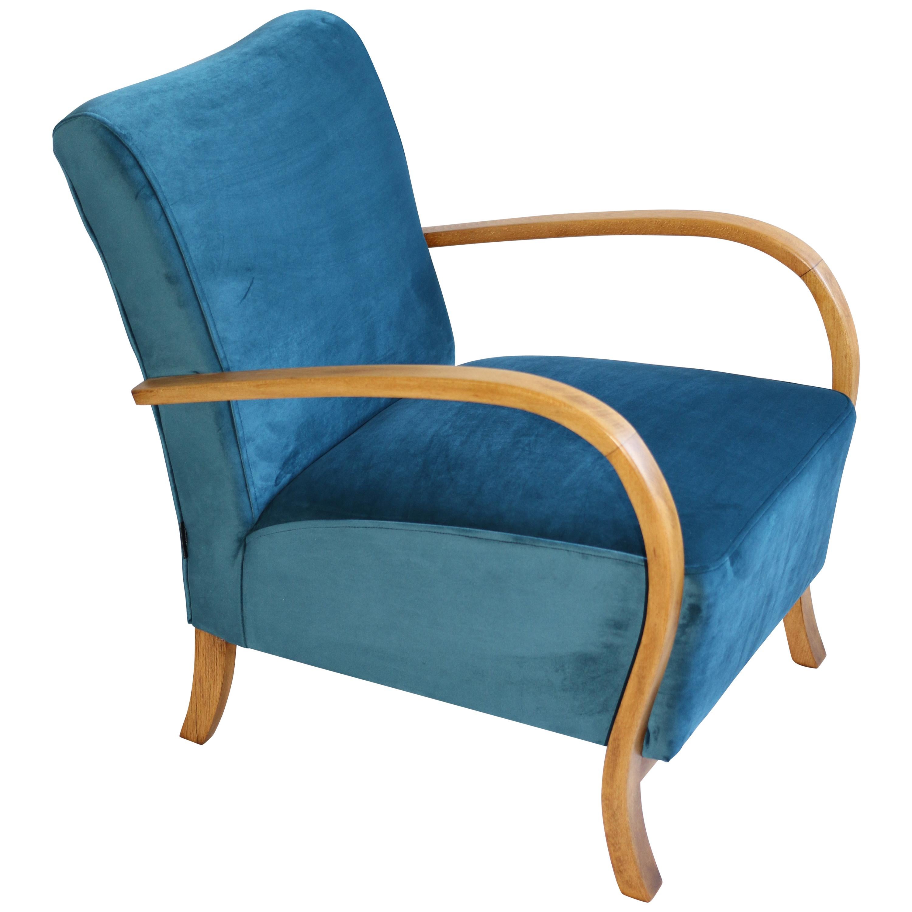 Art Deco Armchair in Blue Marine Velvet from 20th Century For Sale