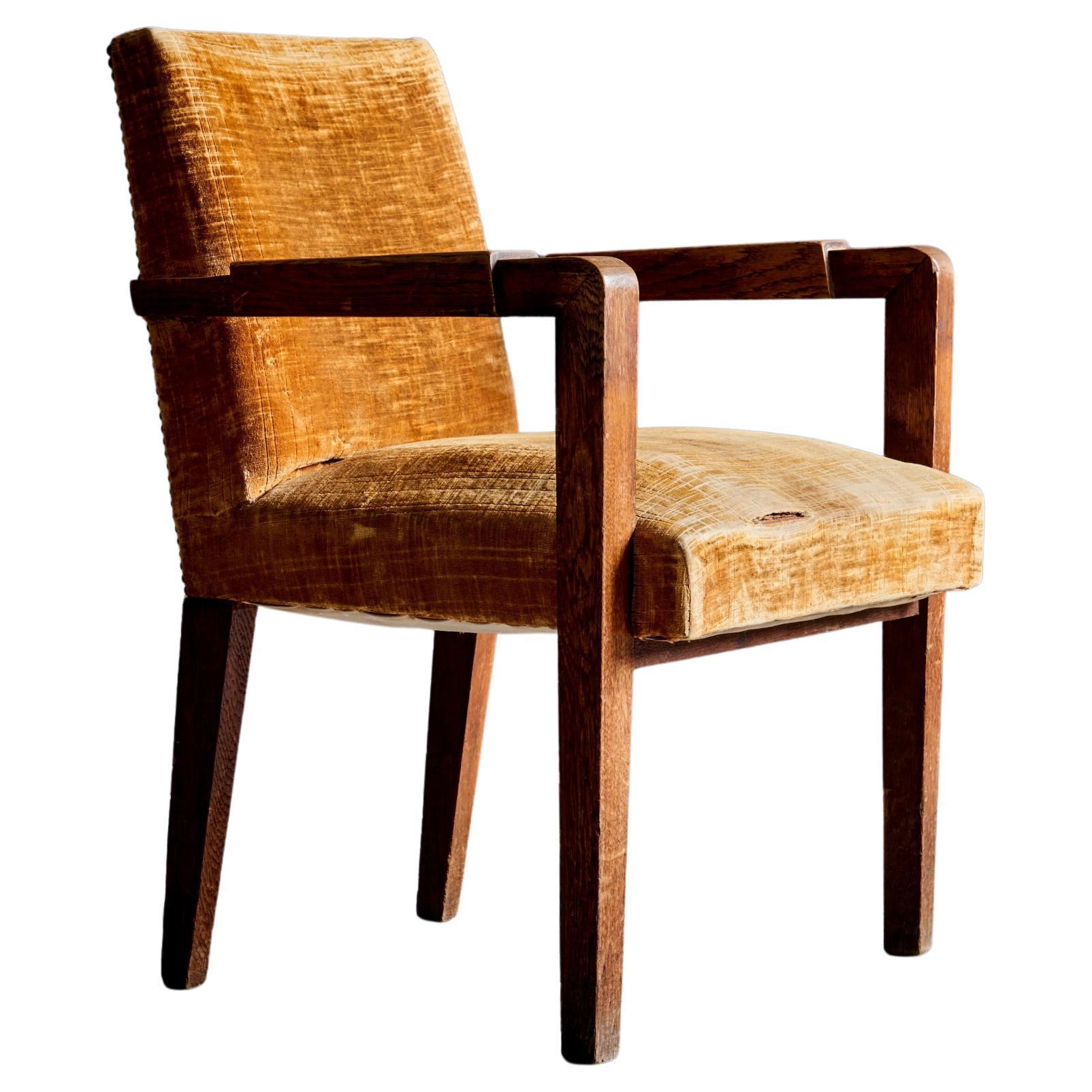 Art Deco Armchair in Oak and mustard colored Upholstery, France - 1940s For Sale