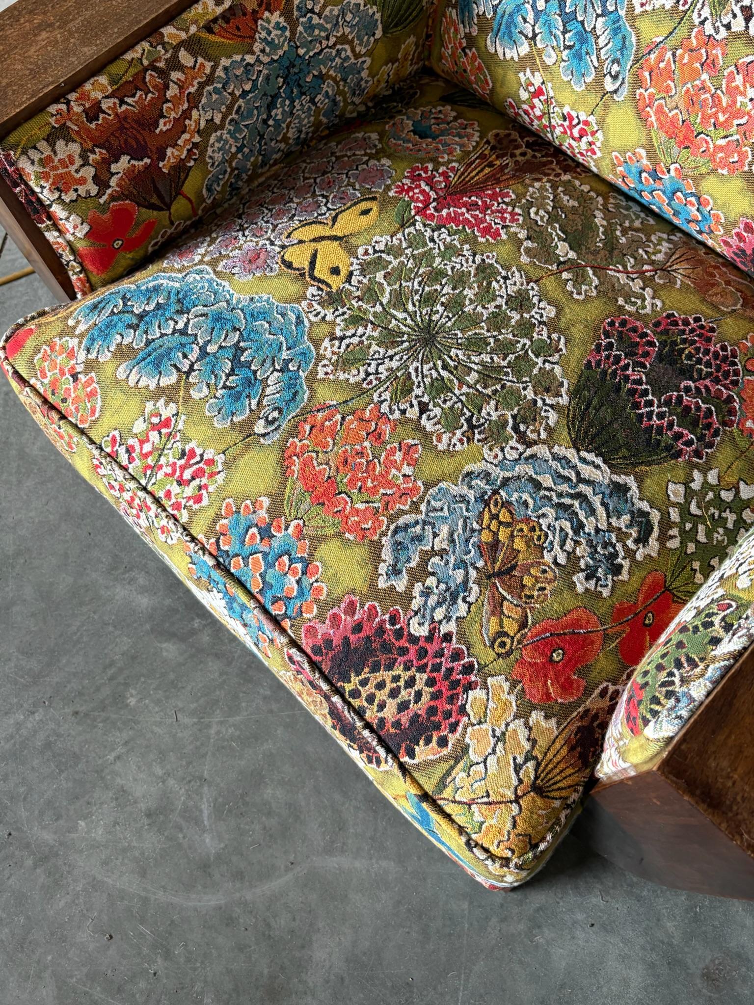Walnut Art Deco Armchair in Pierre Frey For Sale