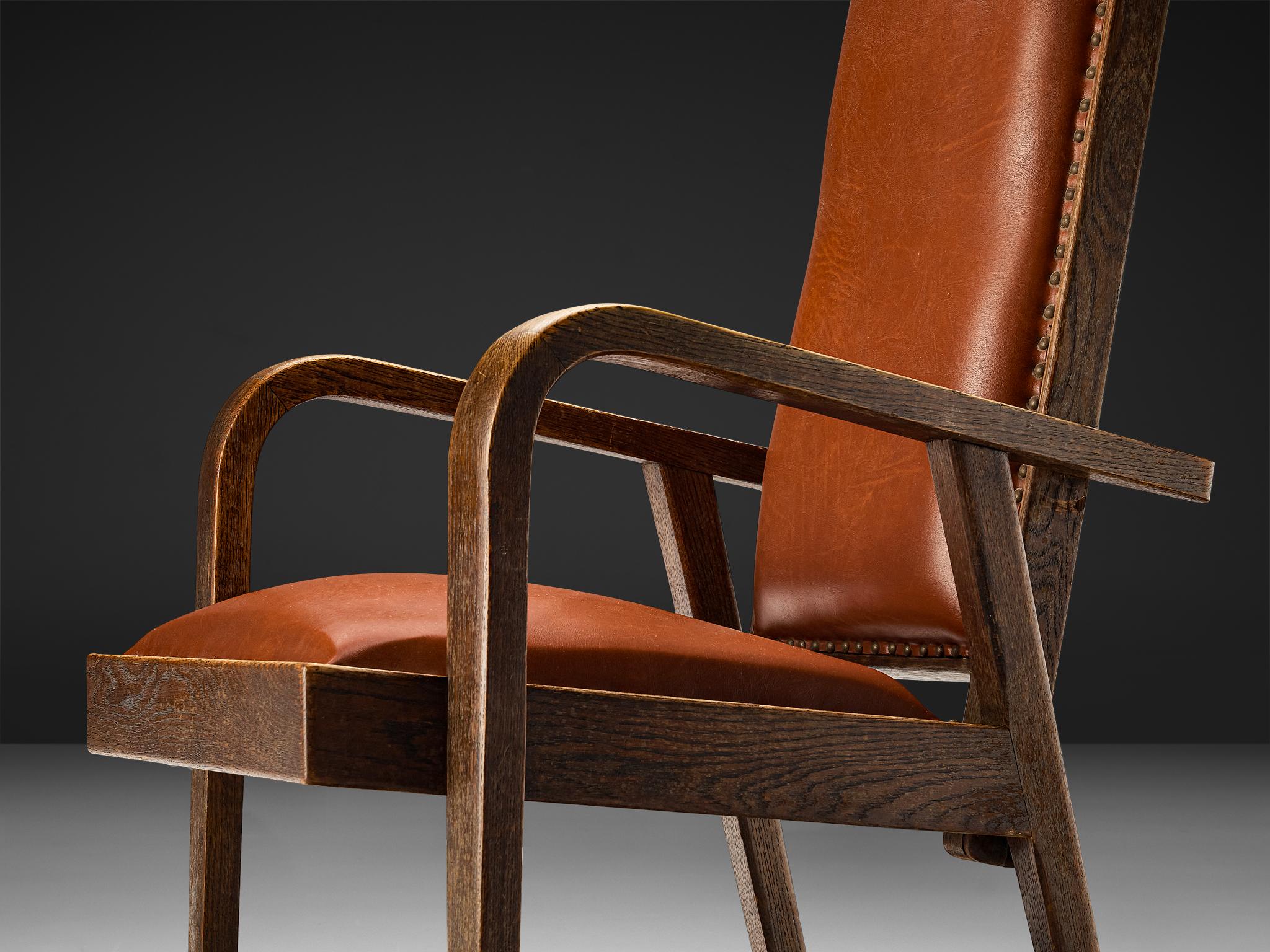 Art Déco Poltrona Art Deco in pelle marrone rossa e Oak con schienale alto regolabile in vendita