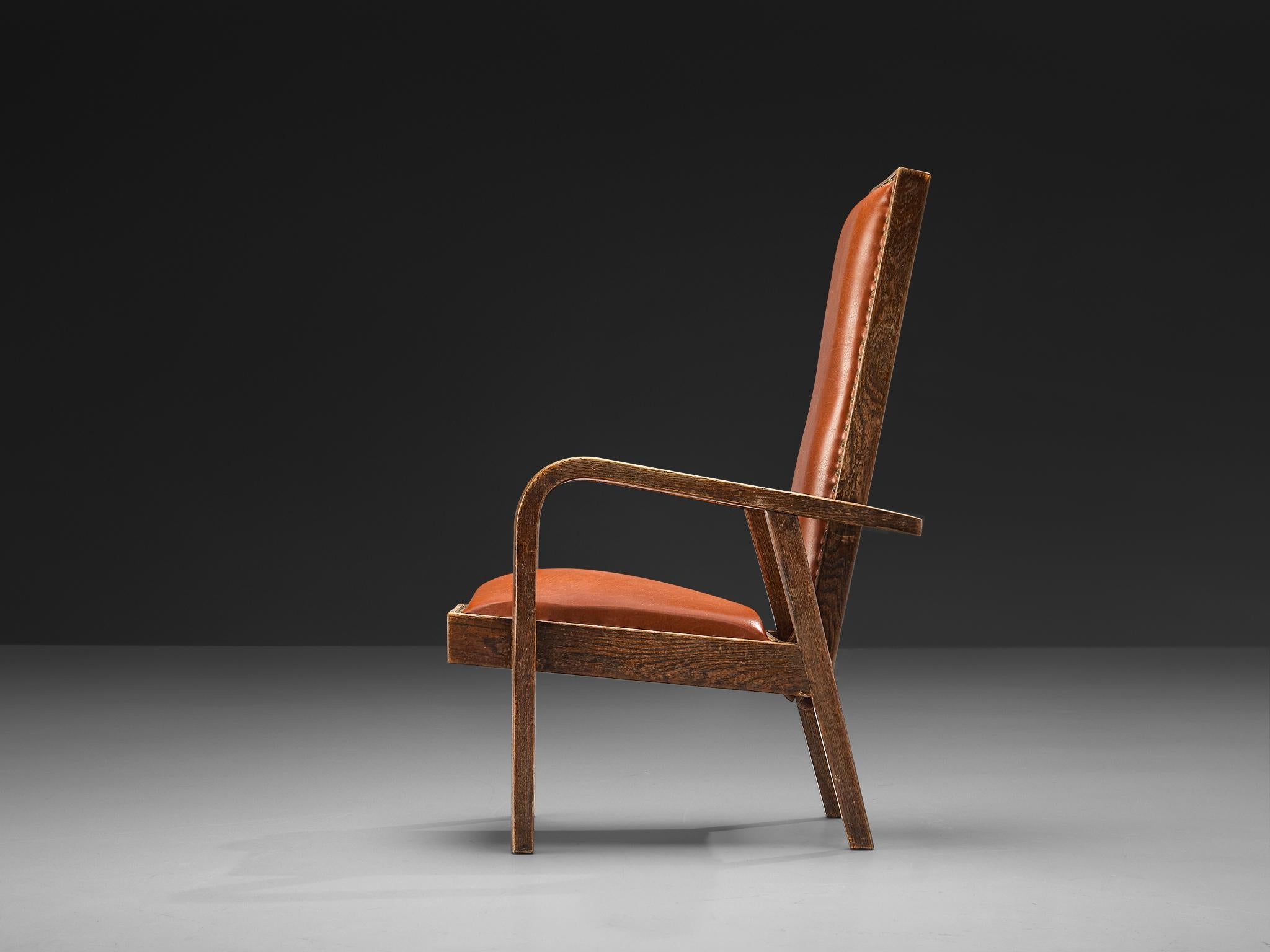 Poltrona Art Deco in pelle marrone rossa e Oak con schienale alto regolabile In condizioni buone in vendita a Waalwijk, NL