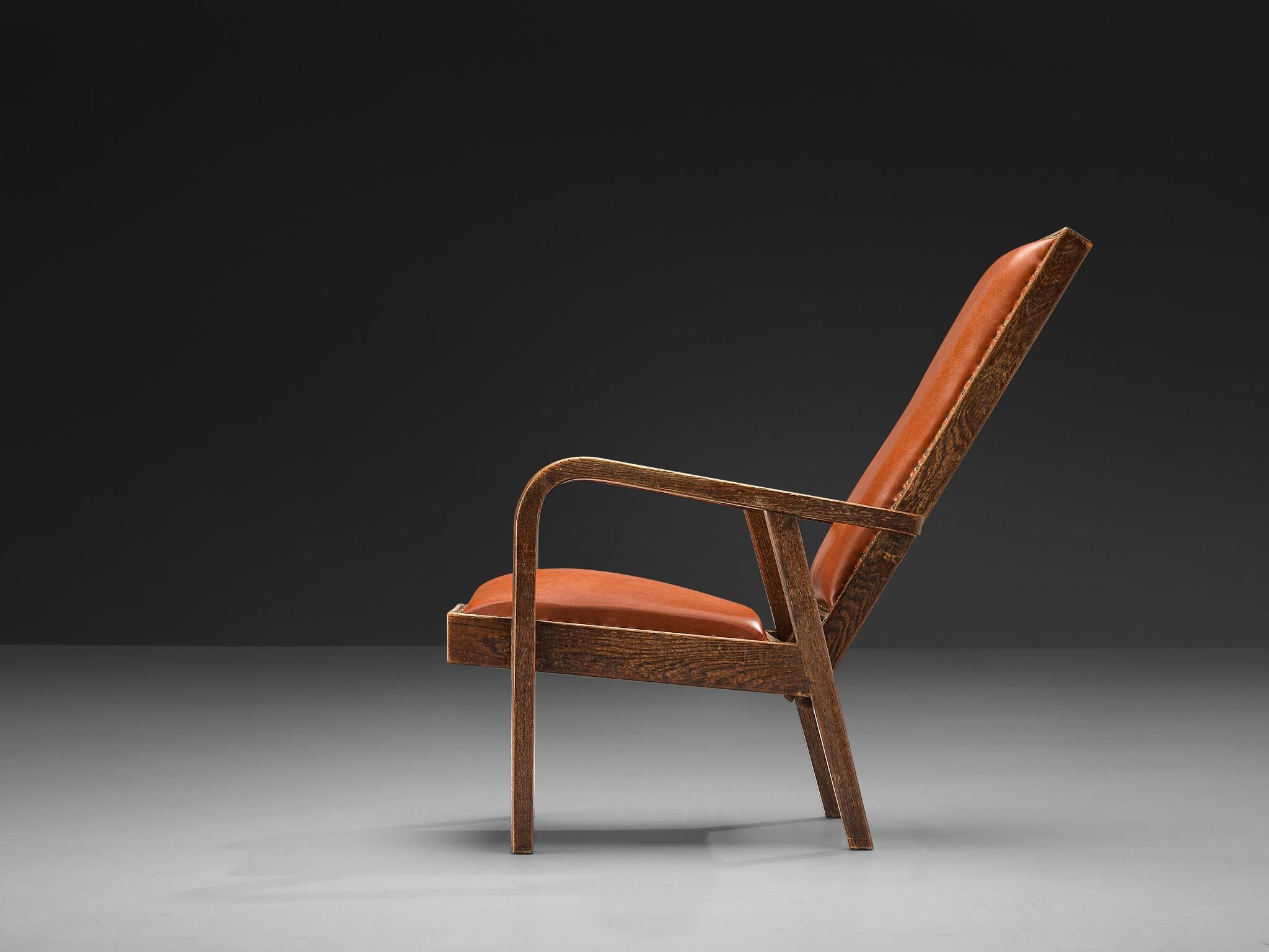 Metà XX secolo Poltrona Art Deco in pelle marrone rossa e Oak con schienale alto regolabile in vendita