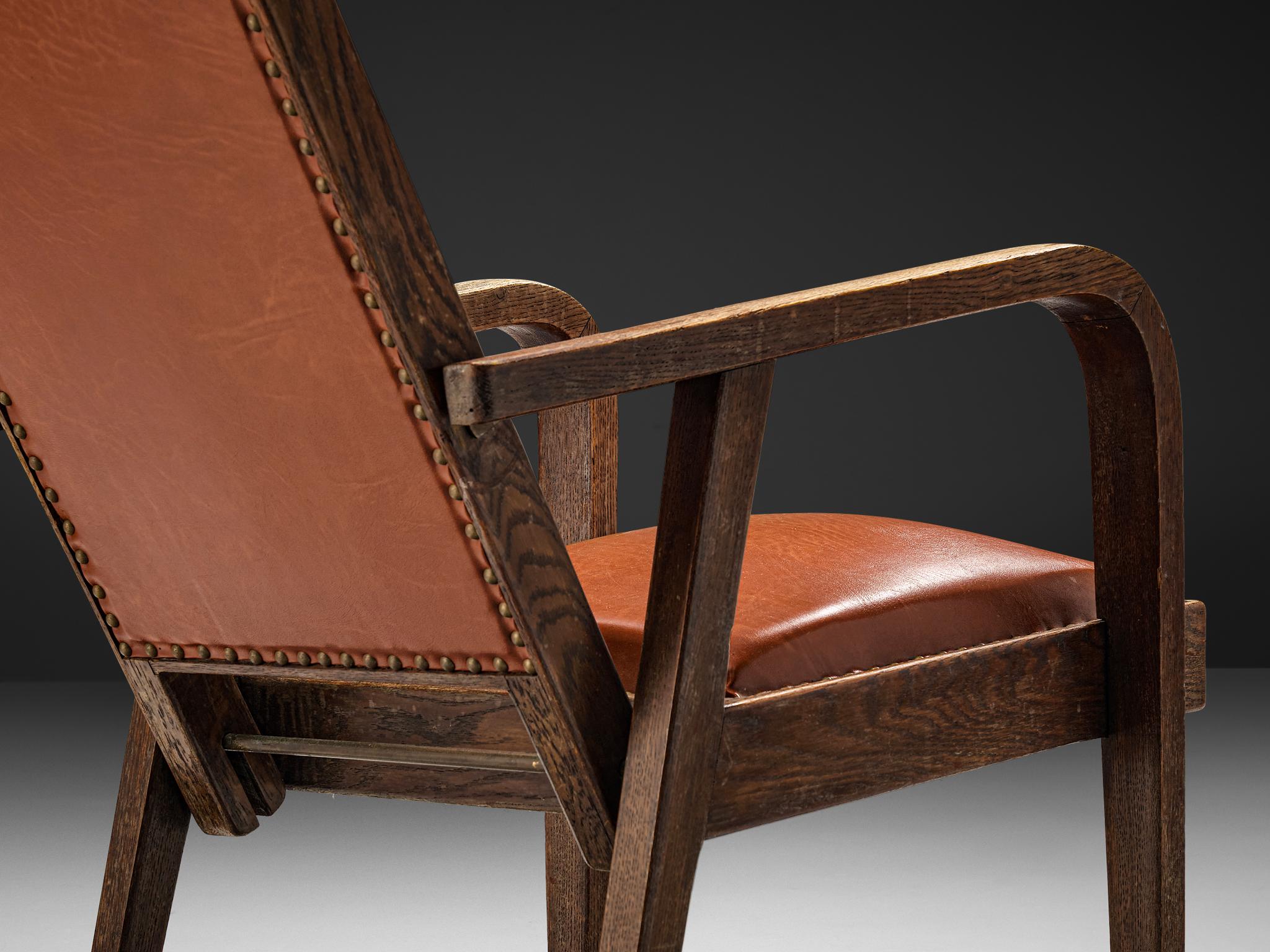 Ottone Poltrona Art Deco in pelle marrone rossa e Oak con schienale alto regolabile in vendita