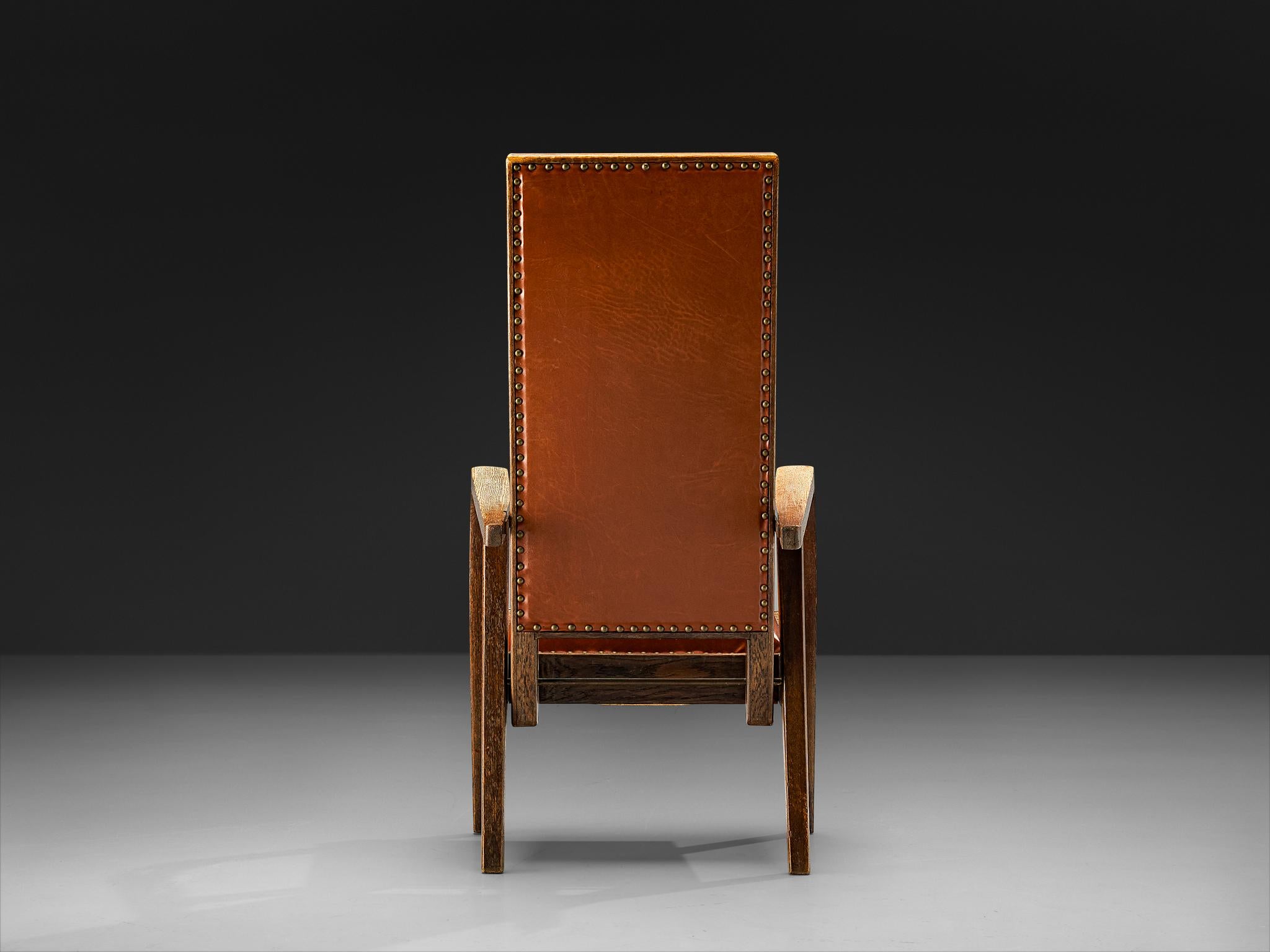 Poltrona Art Deco in pelle marrone rossa e Oak con schienale alto regolabile in vendita 2