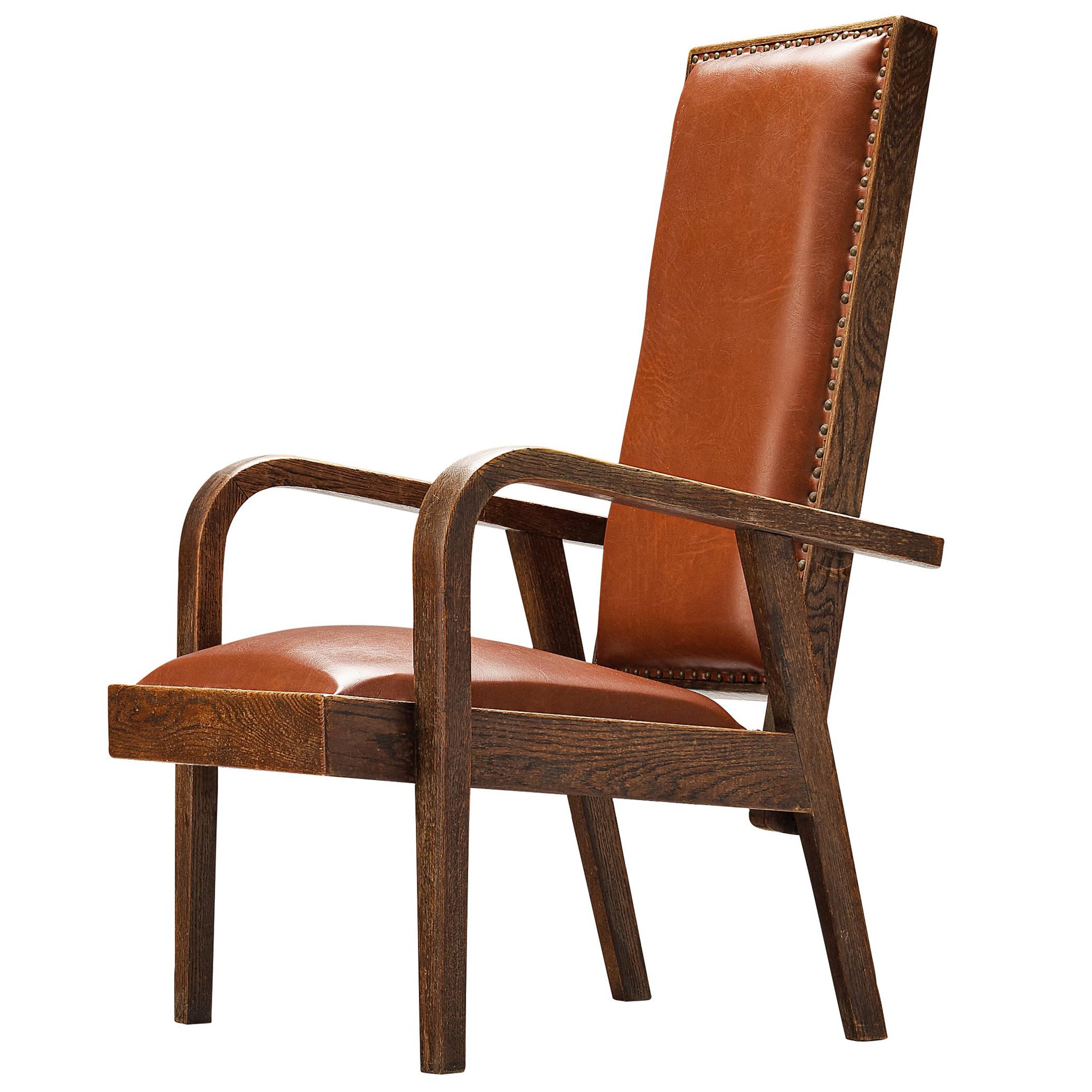 Poltrona Art Deco in pelle marrone rossa e Oak con schienale alto regolabile