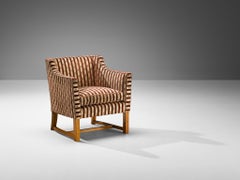 Art Deco Armchair in Red Striped Fleurs de Lis Patterned Upholstery