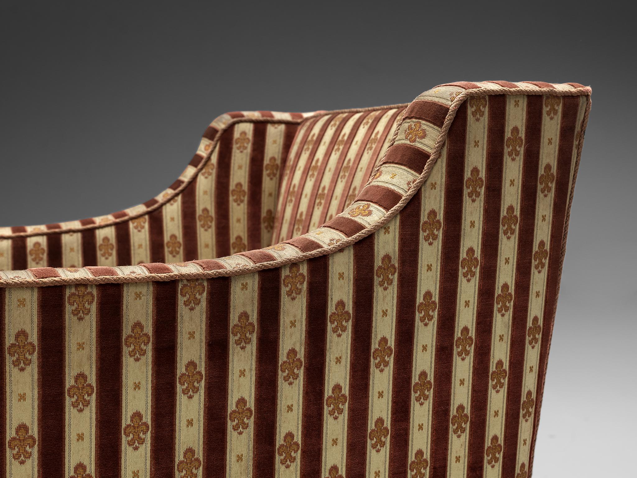Italian Art Deco Armchair in Red Striped Fleurs de Lis Patterned Upholstery  For Sale