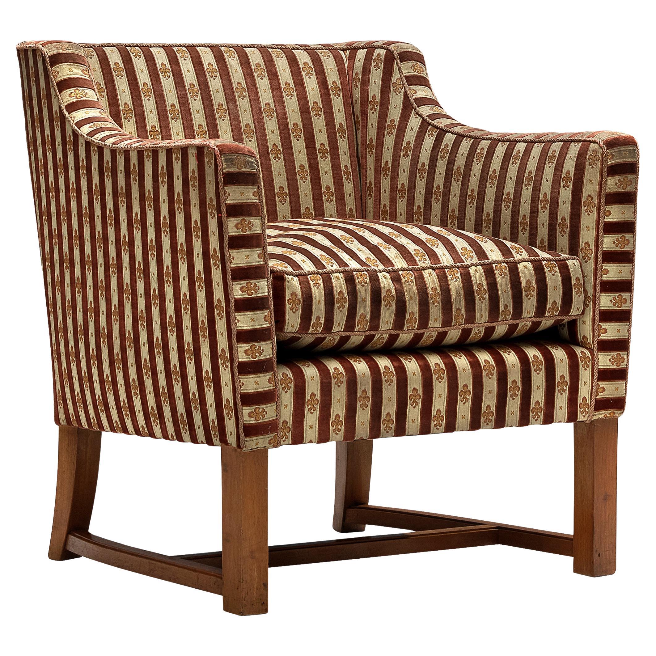 Art Deco Armchair in Red Striped Fleurs de Lis Patterned Upholstery  For Sale