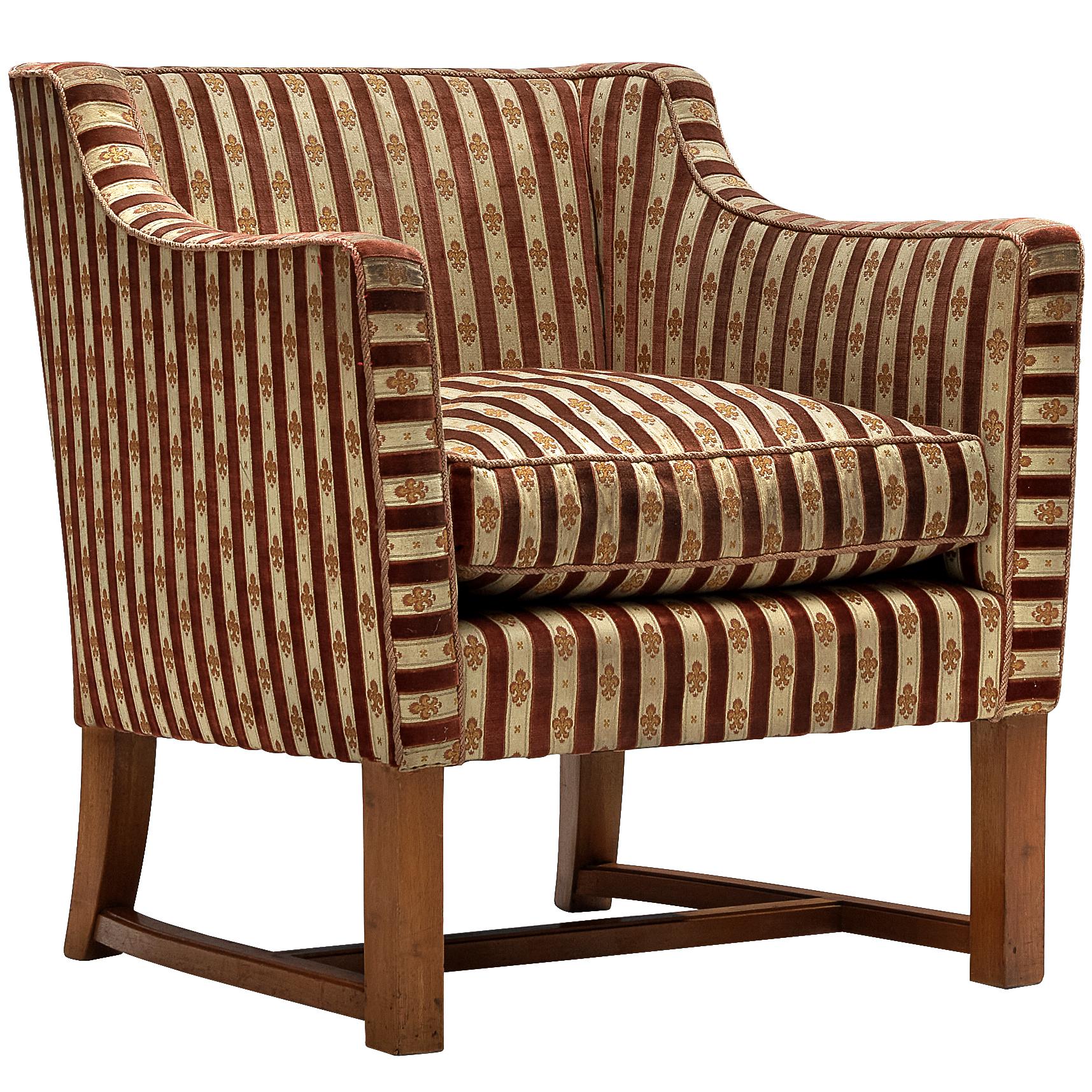 Art Deco Armchair in Red Striped Fleurs de Lis Patterned Upholstery