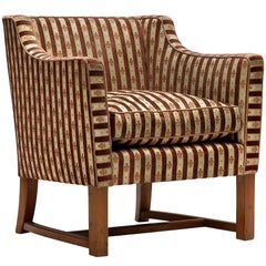 Art Deco Armchair in Red Striped Fleurs de Lis Patterned Upholstery