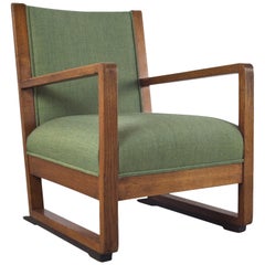 Art Deco Armchair in Solid Oak and Re-Upholstered in Green, 1930s
