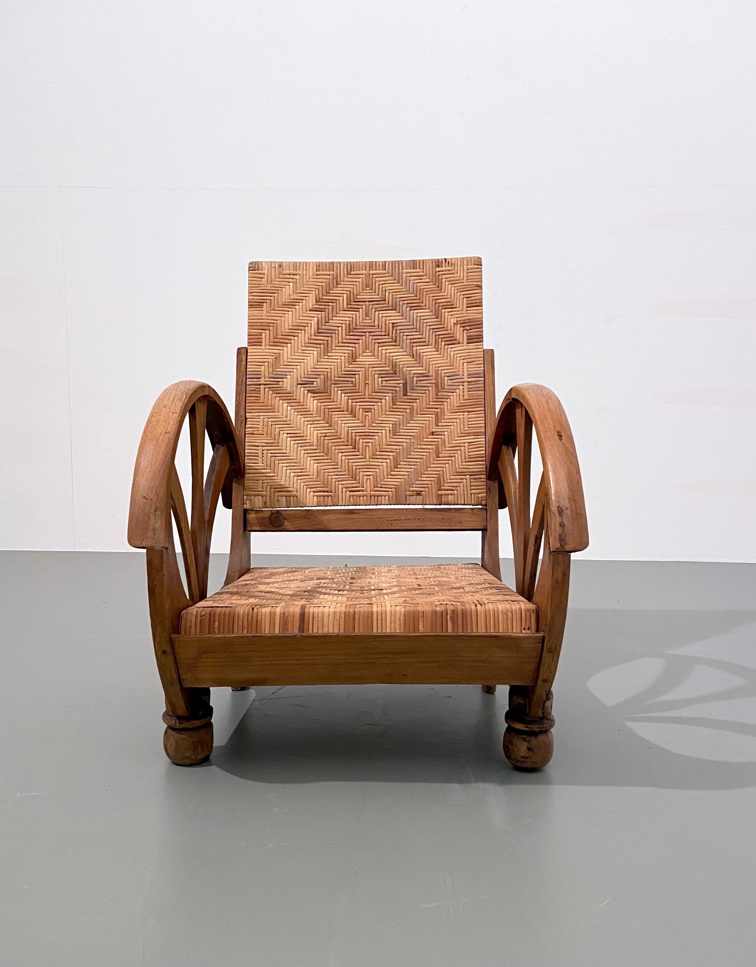 Italian Art Deco Armchair in Wood and Cane, Italy, 1930s