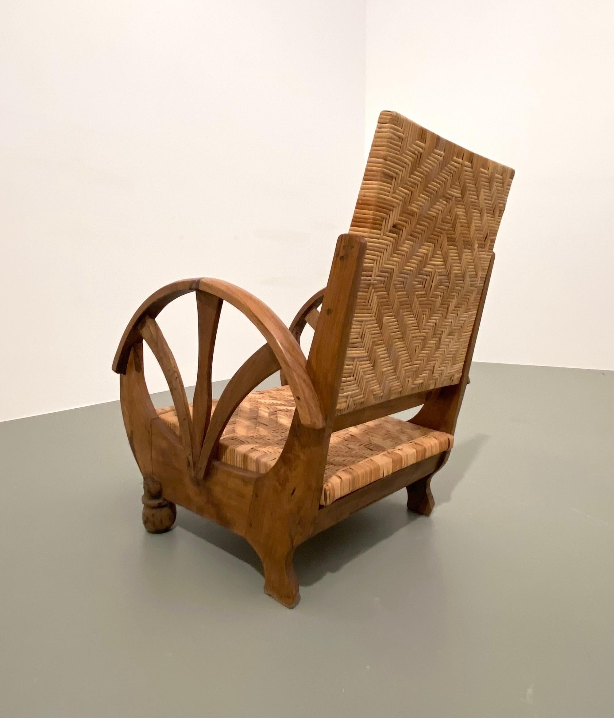 Mid-20th Century Art Deco Armchair in Wood and Cane, Italy, 1930s