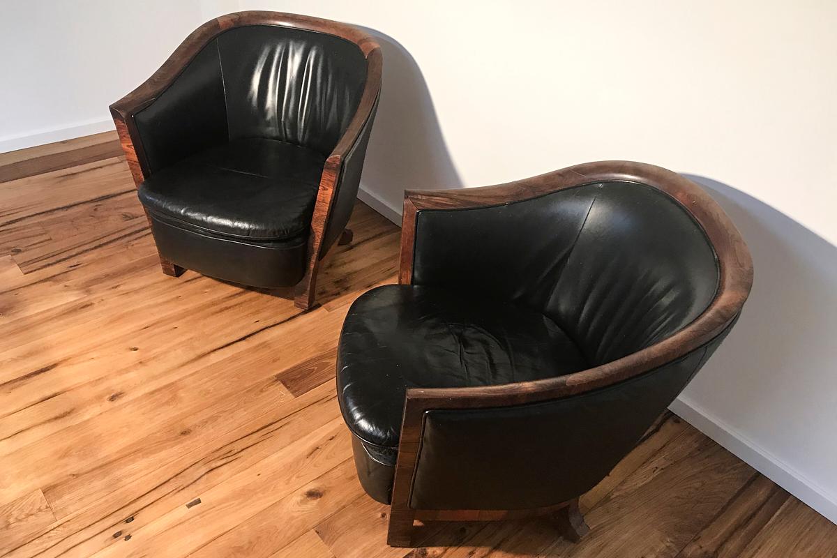 Art-déco-Sessel aus Veilchenholz und schwarzem Leder, um 1940 im Angebot 1