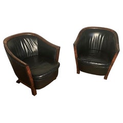 Art Deco Armchair Made of Kingwood and Black Leather Around 1940