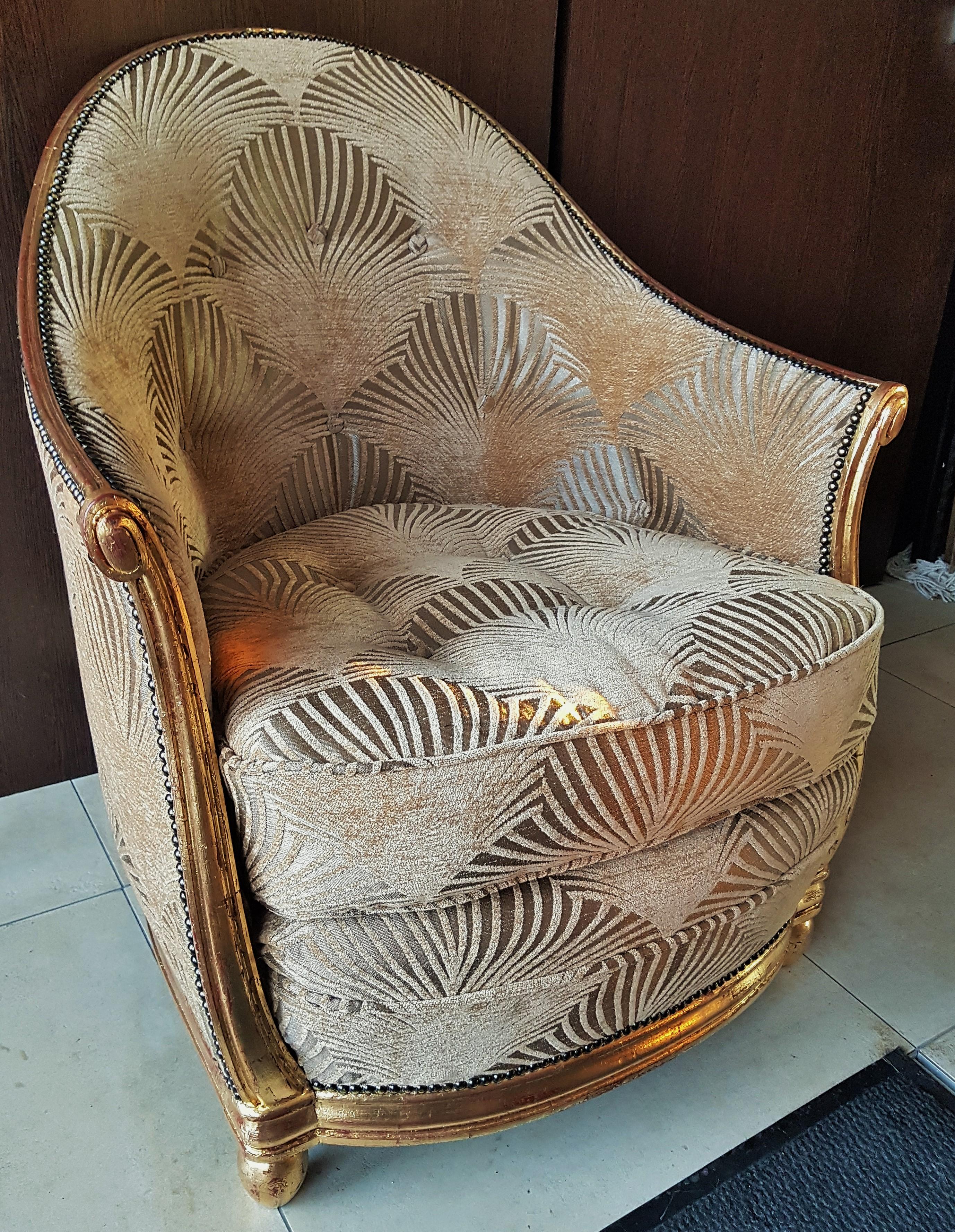 Original Art Deco armchair, style Paul Follot, Sue et Mare, France, early 1920s.

Frame gold leaf.
New upholstery in suede with Art Deco decor.