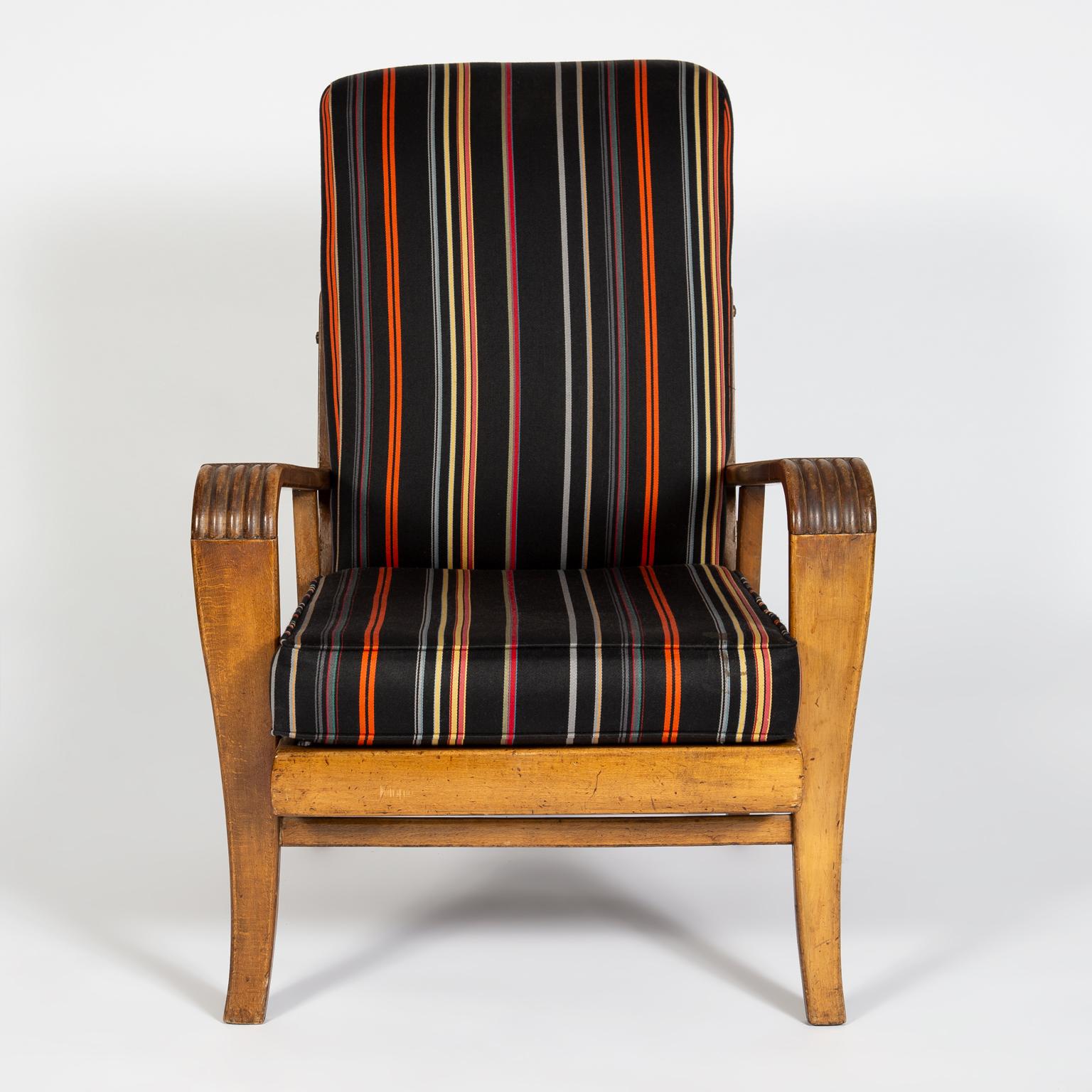 Art Deco style beech wood armchair, upholstered in 'Intermittent Stripe' fabric designed by Paul Smith for Maharam.