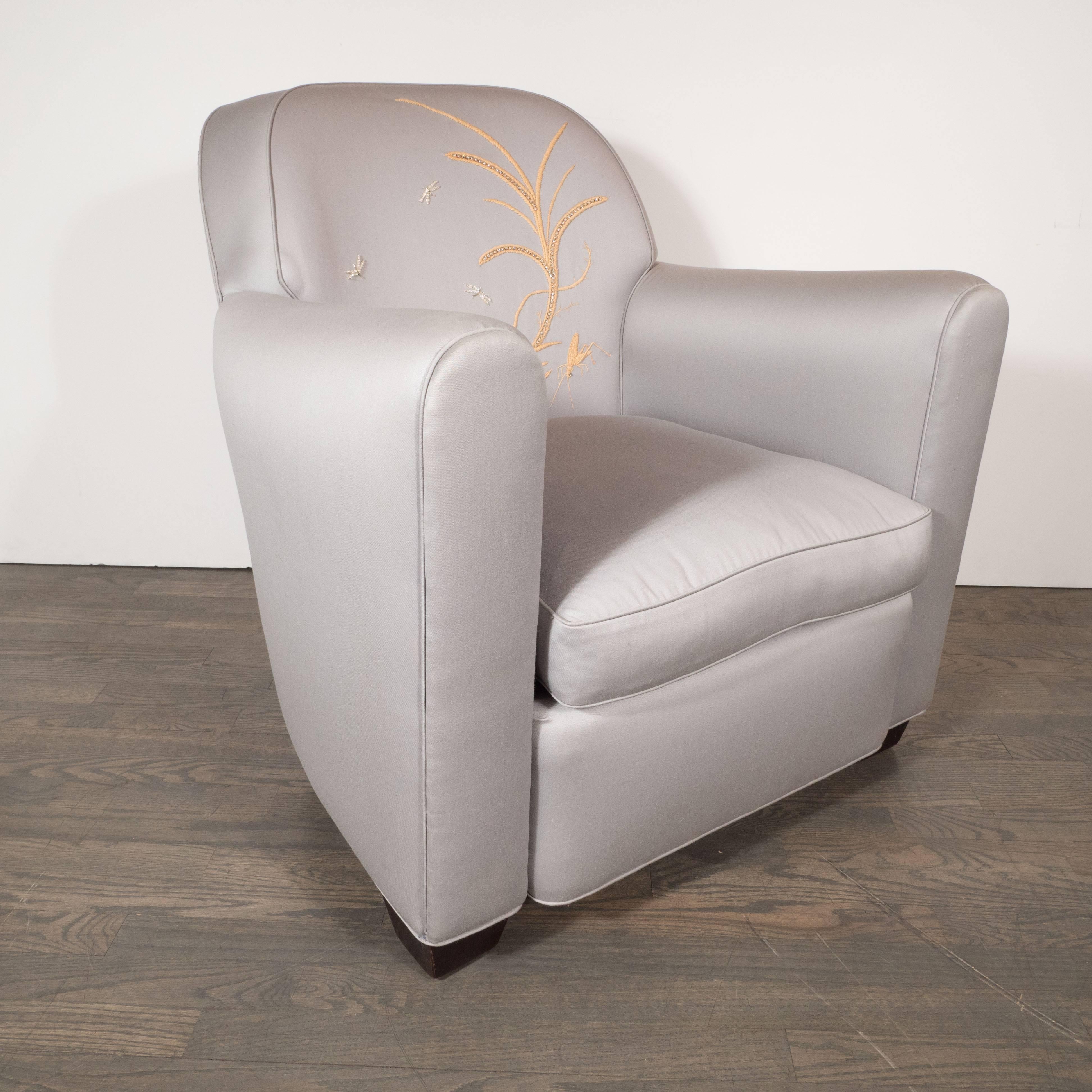 Ebonized Art Deco Armchair with Metallic Silver Upholstery and Embroidered Fauna Motifs