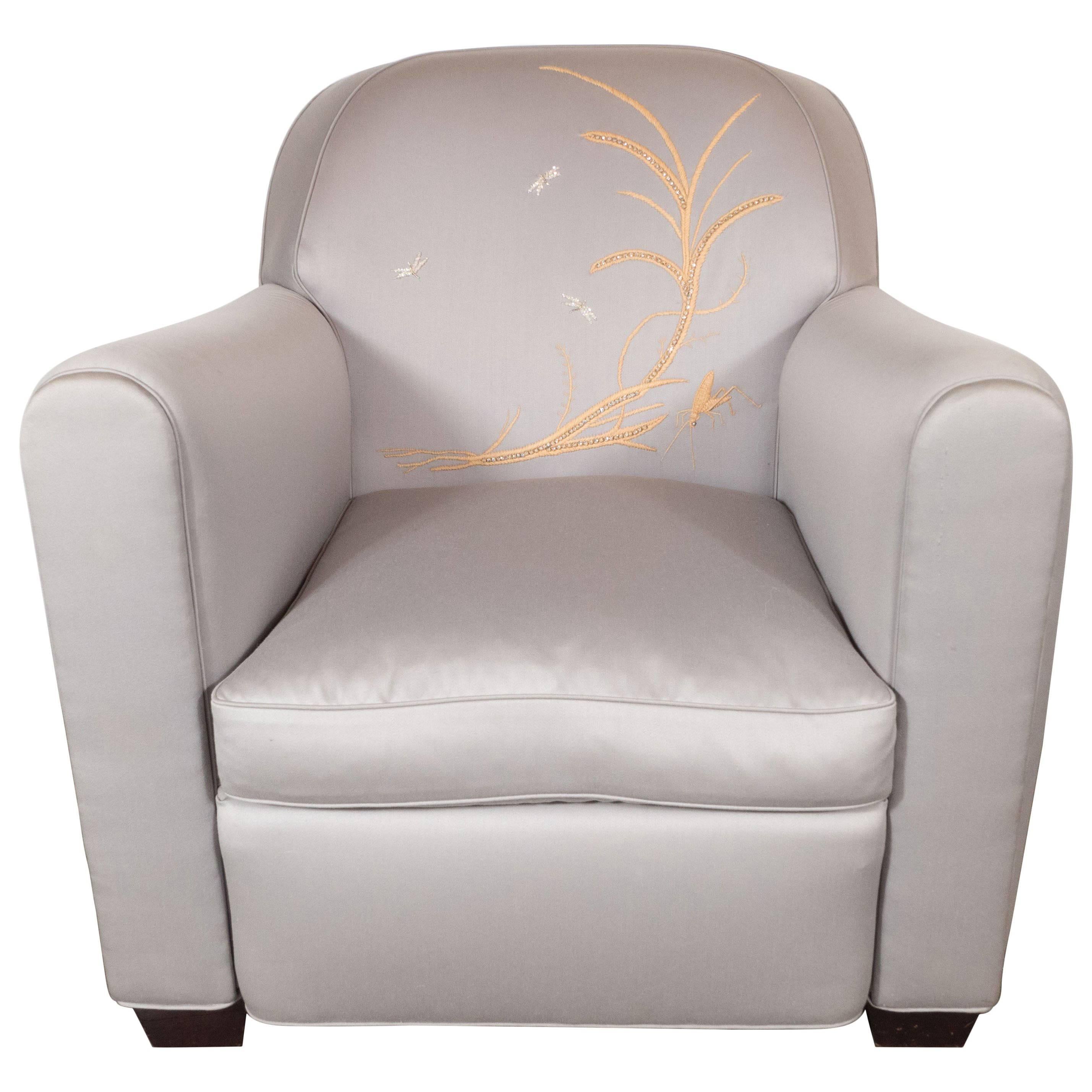 Art Deco Armchair with Metallic Silver Upholstery and Embroidered Fauna Motifs