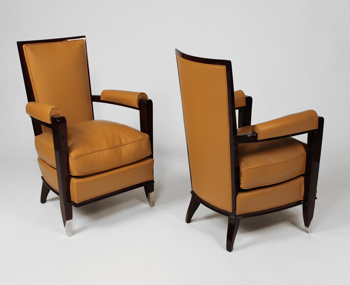 Leather Art Deco Armchairs by Jean Pascaud For Sale
