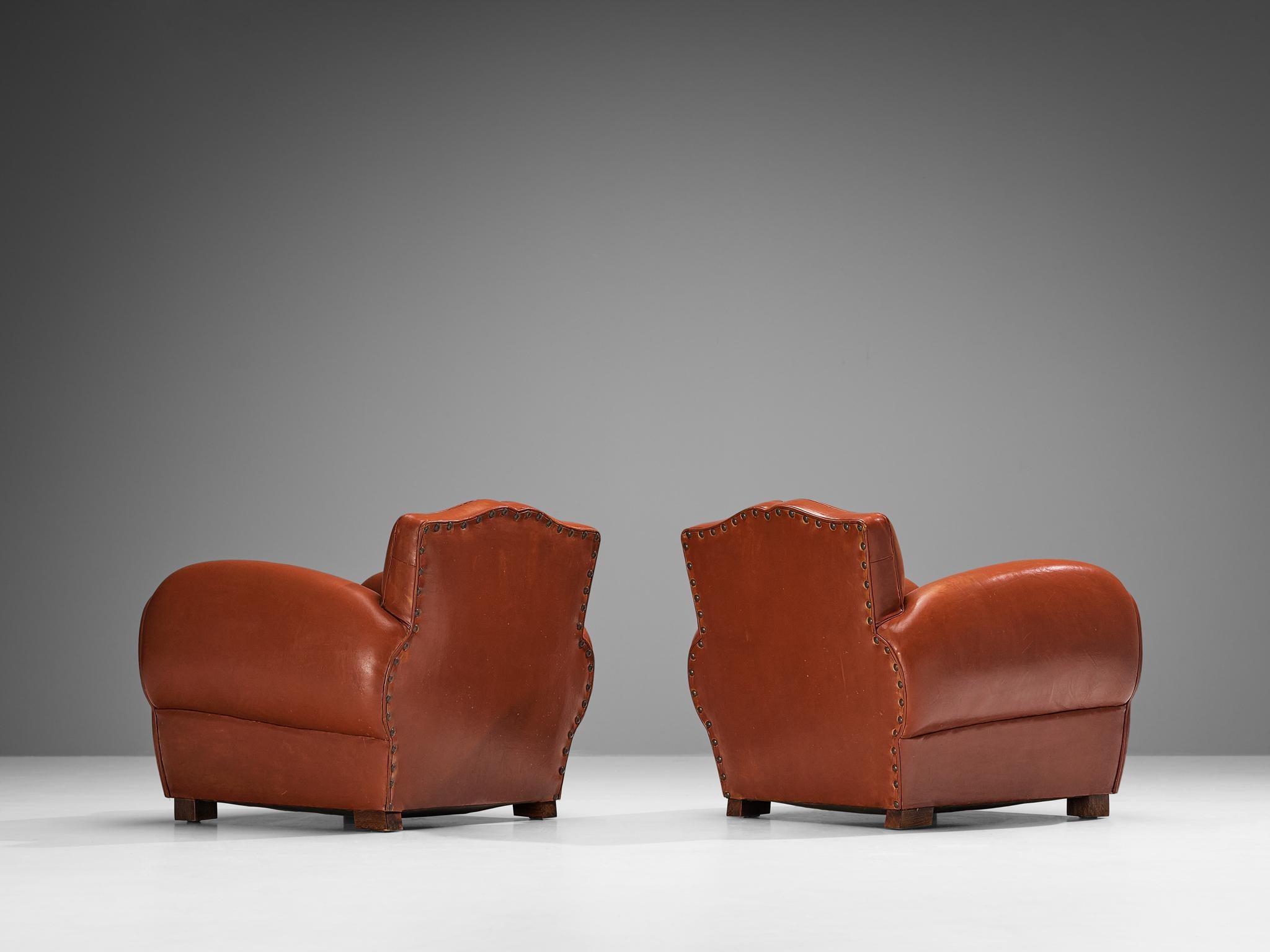 Wood Art Deco Pair of Armchairs by Maurice Rinck in Leather For Sale