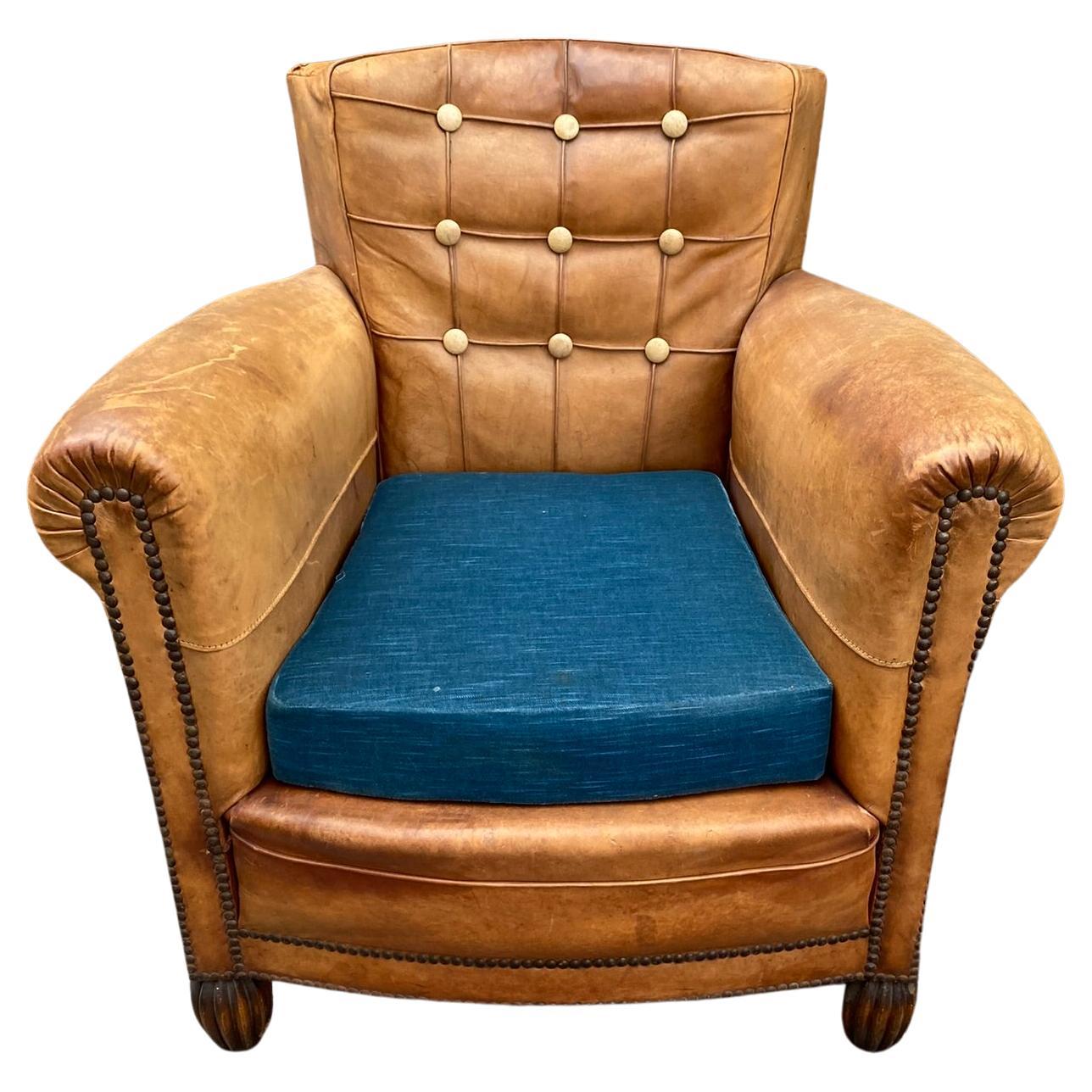 Art Deco Armchairs Covered in Leather, circa 1930 For Sale